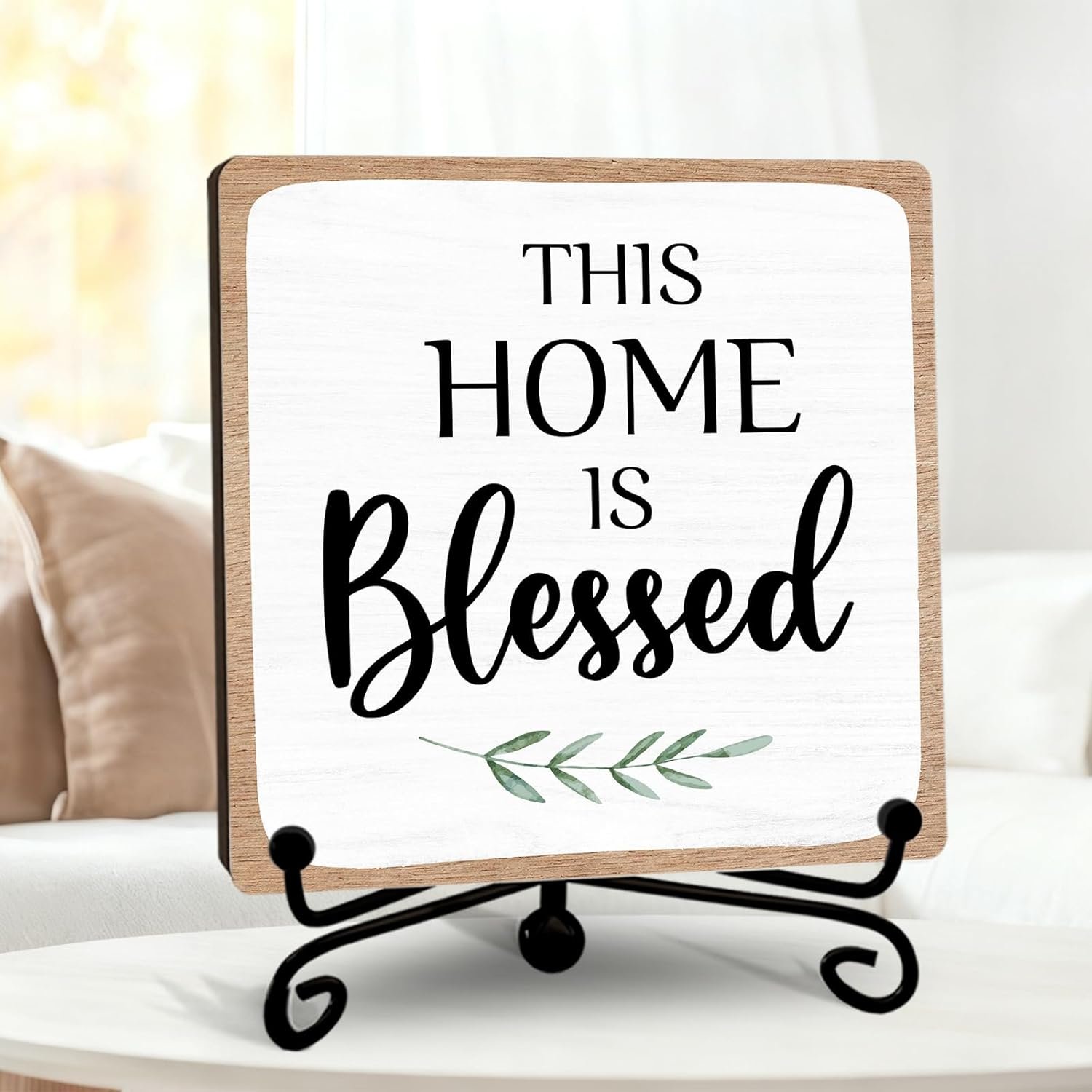 Blessed Signs for Home Decor, Rustic Kitchen Wooden Sign With Iron Stand, This Home Is Blessed Decorations, Christian Housewarming Gift for Living Room Bedroom Bathroom Shelf Table – A06