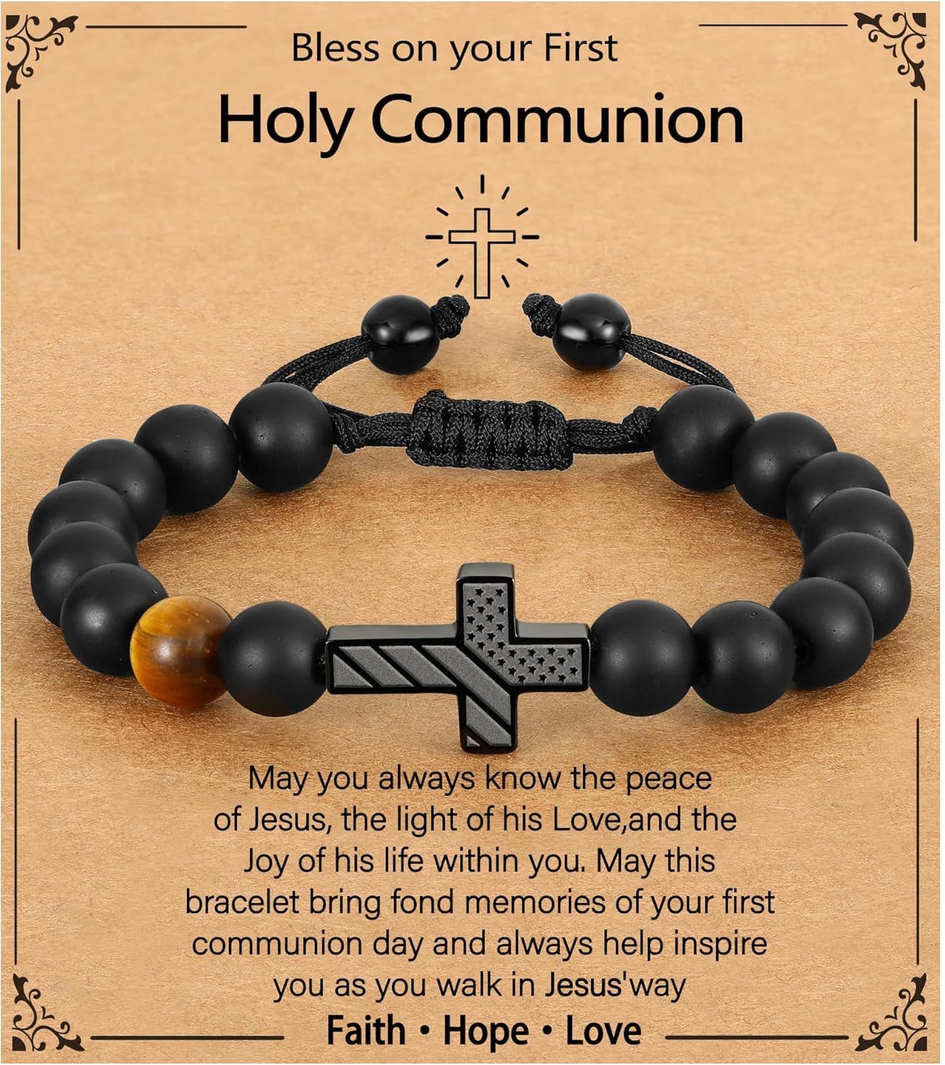 P. BLAKE First Communion Confirmation Baptism Gifts for Boys, American Flag Cross Natural Beads Bracelet Christian Religious Jewelry Gifts for Teen Boys Kids