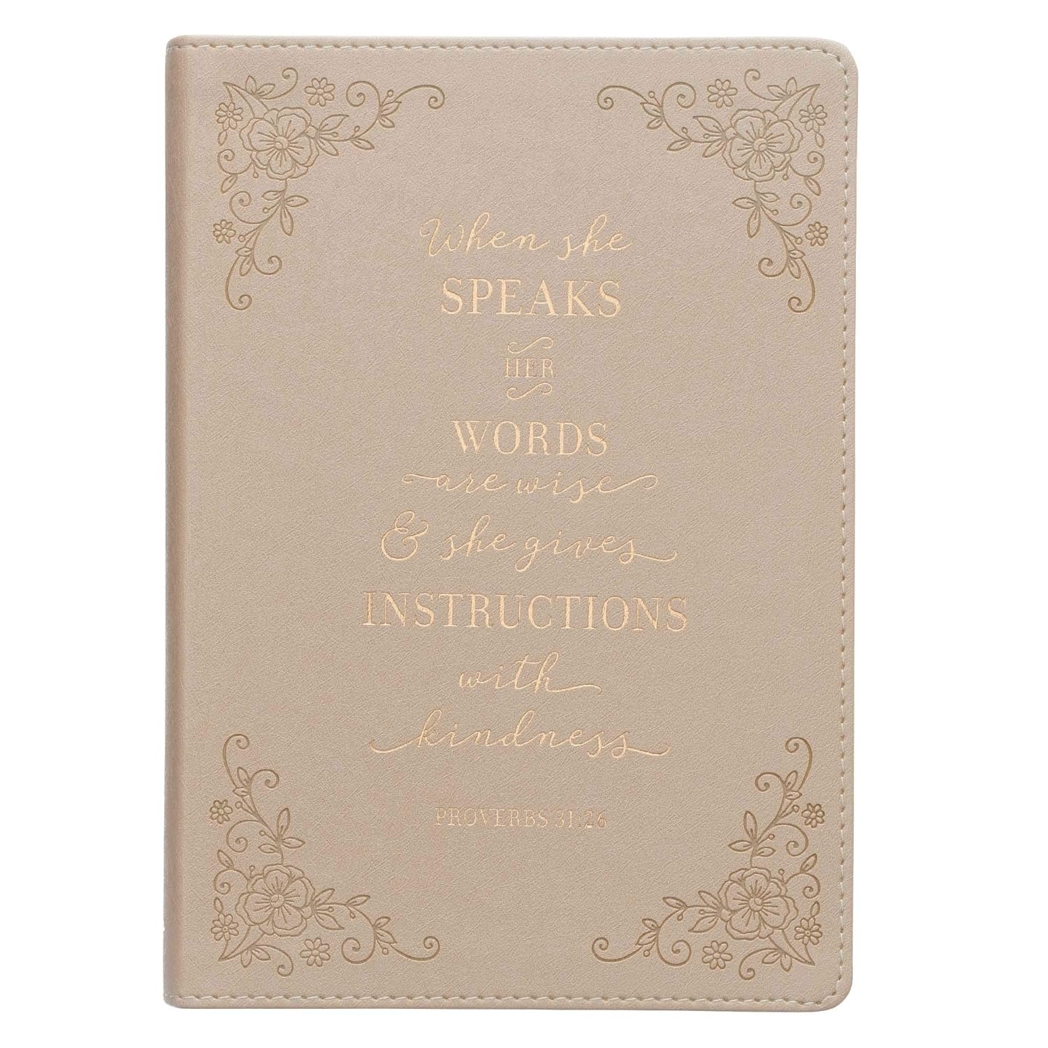 When She Speaks Proverbs 31 Woman Bible Verse Ivory Faux Leather Journal Inspirational Notebook w/Ribbon Marker and Lined Pages, 6 x 8.5 Inches