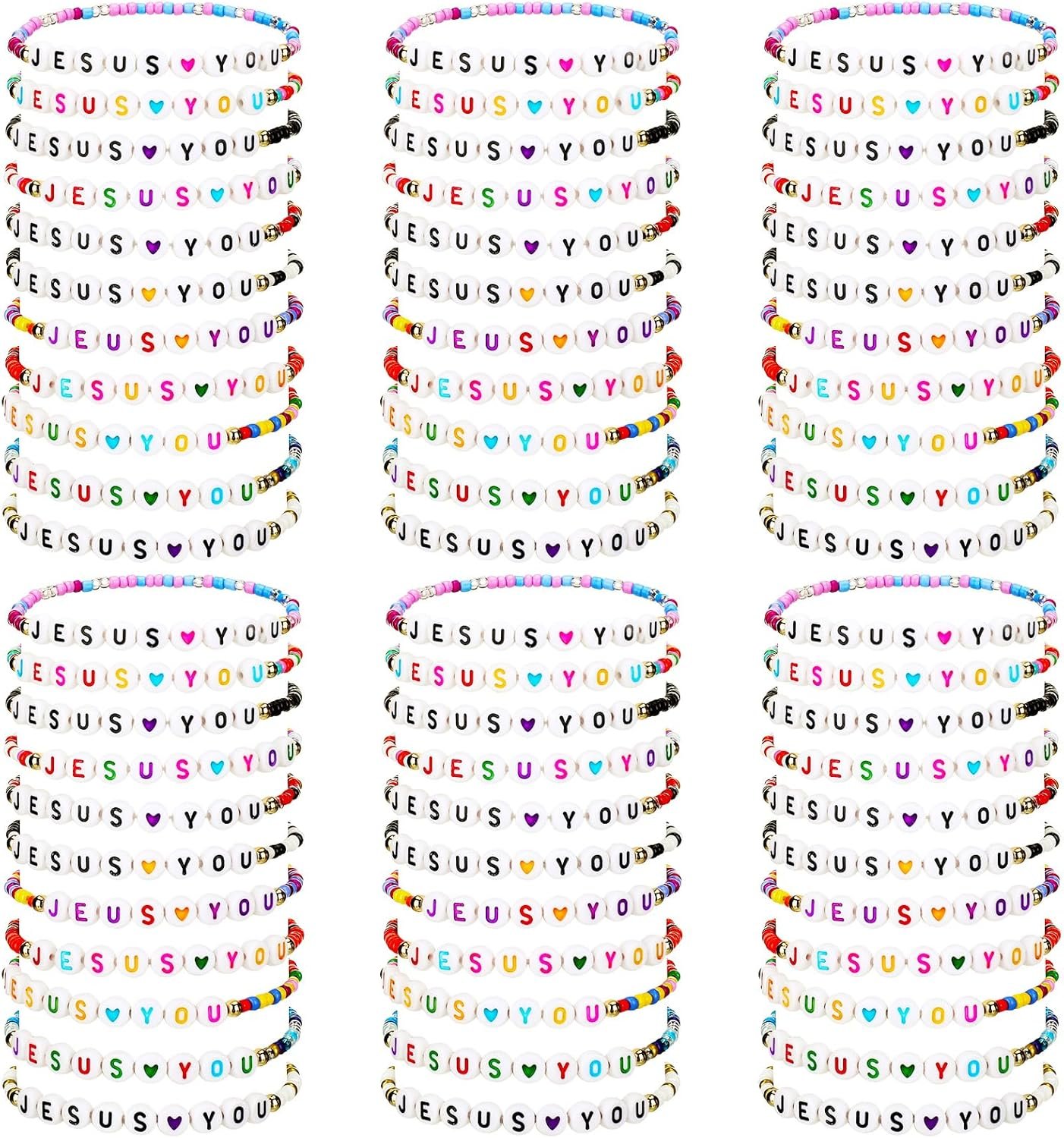 Huquary 72 Pcs WWJD Bracelets Jesus You Christian Bracelets Bulk, Beaded Friendship Bracelet for Women Kid Colorful Religious Bracelets Inspirational Reminder Jewelry Gift(Jesus)