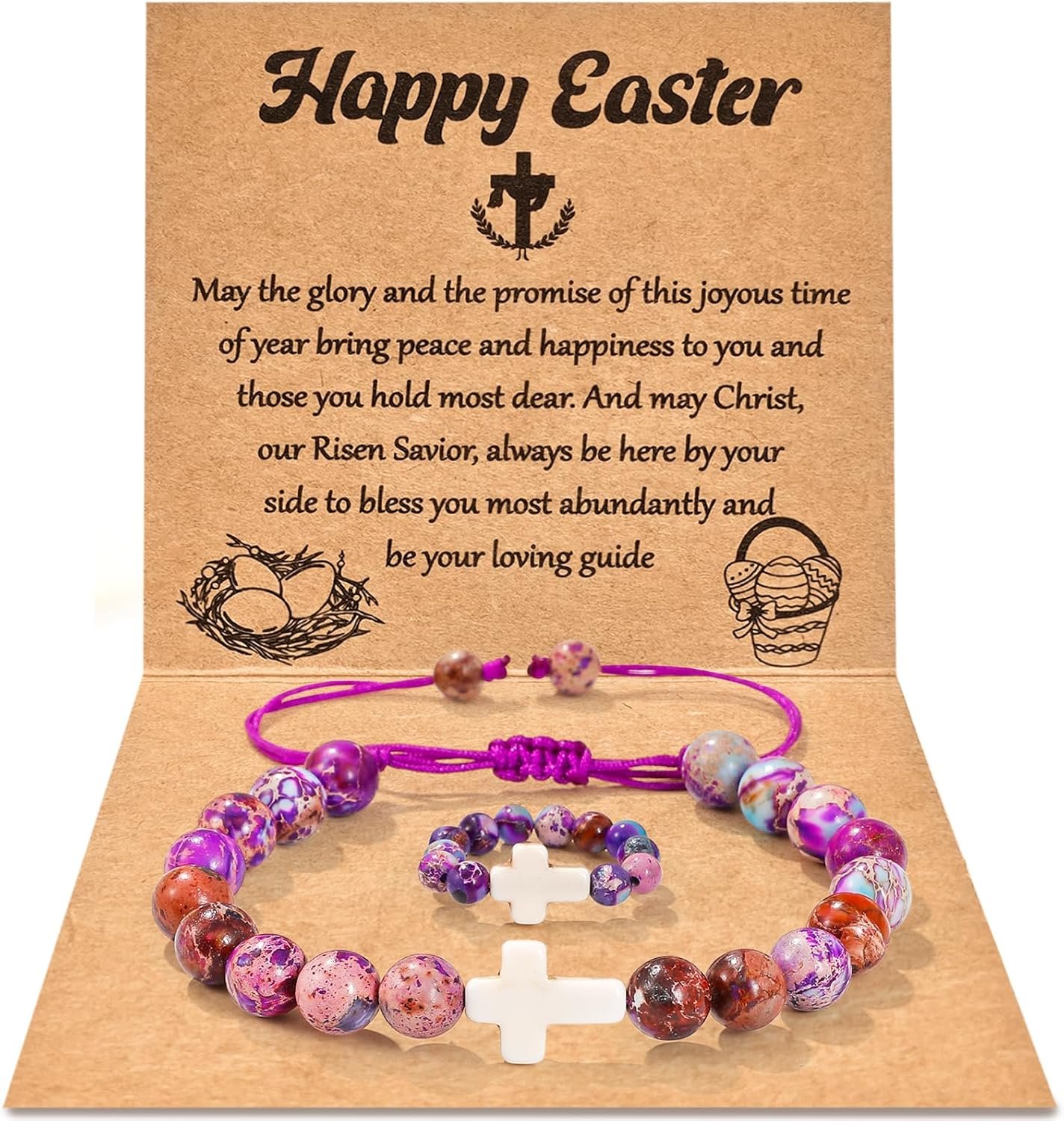 Easter Basket Stuffers, Cross Bracelet & Ring Set Easter Gifts for Teens Girls Boys, Religious Jewelry for Baptism Communion Confirmation