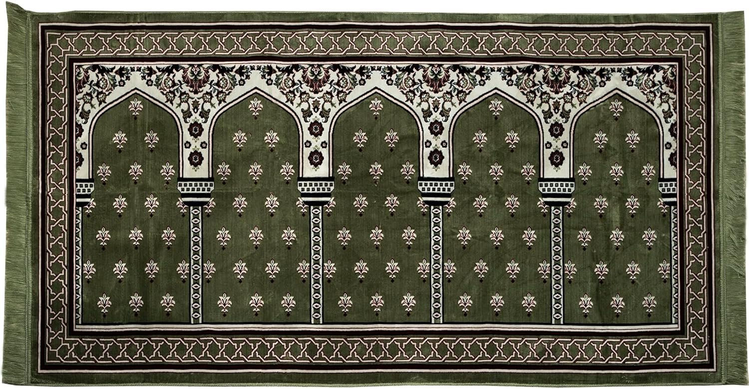 Modefa Turkish Islamic Prayer Rug – Multi Person Janamaz Sajada for Family or Large Gathering & Group Praying Carpet – Wide Plush Velvet Praying Mat Mihrab (5 Person Green)