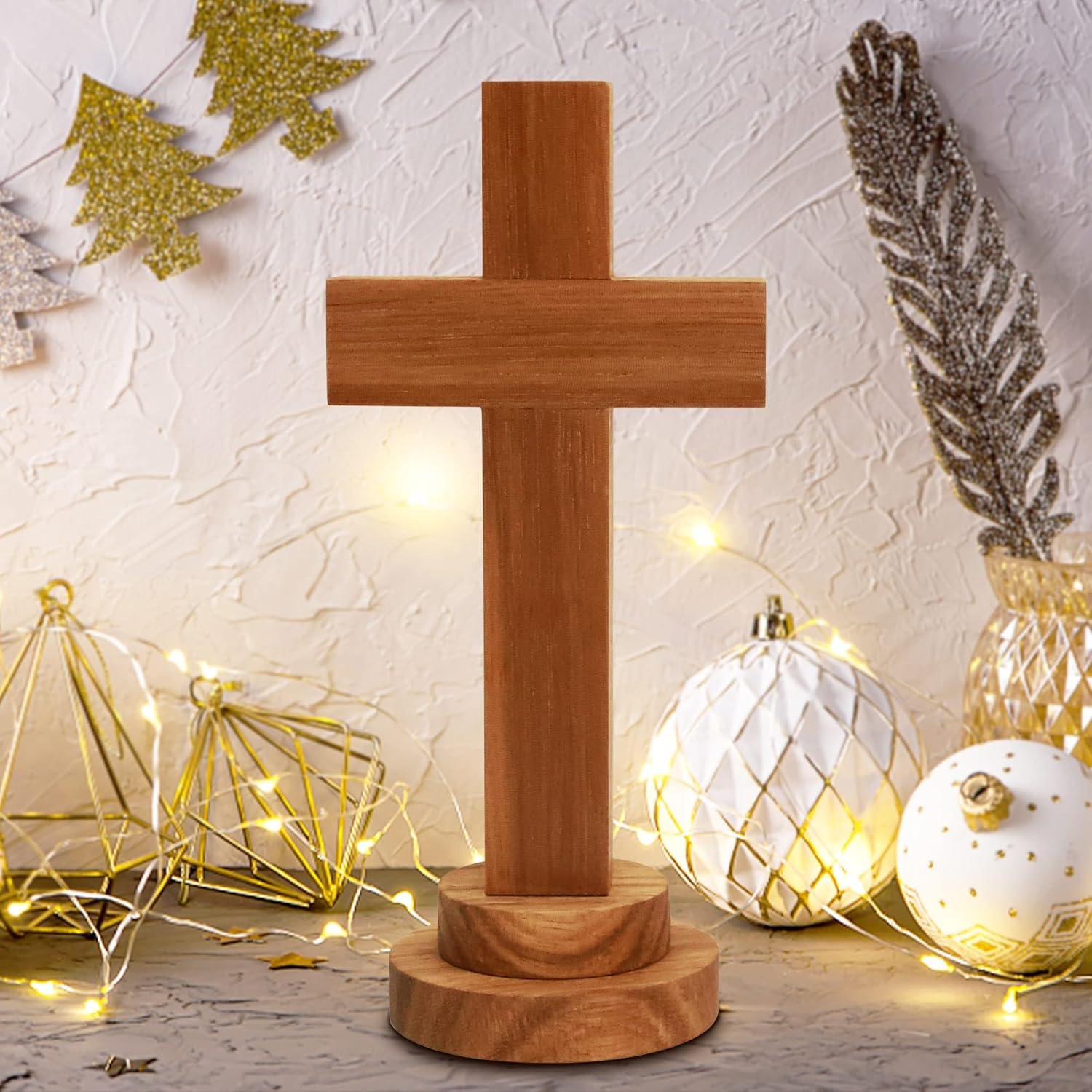 Attivolife Wood Cross Statue with Stand – Spiritual Christian Jesus Holy Cross, Religious Gift for Catholic Easter and Christmas, Wall Table Church Decoration for Home Room (5.5” x 2.55”)