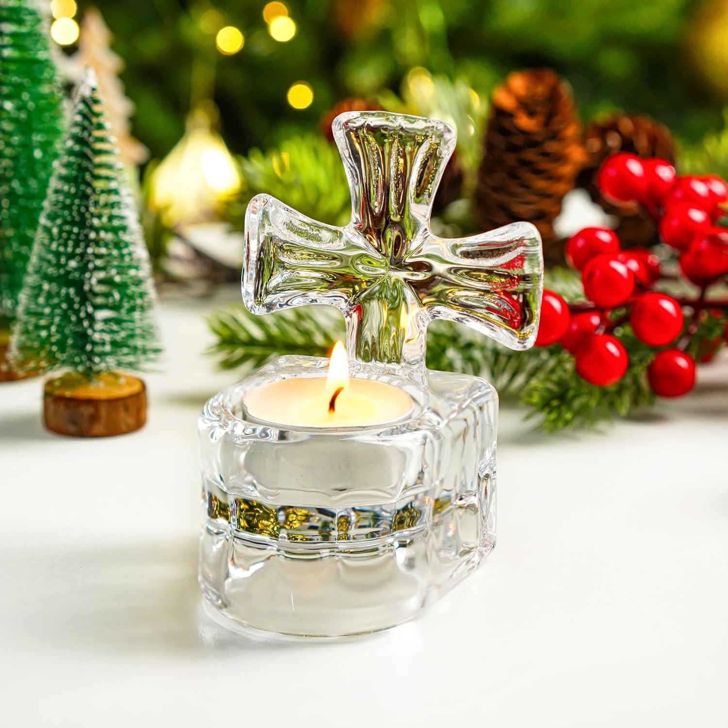kanpura Clear Glass Cross Candle Holder 4″ High Christian Tea Light Holder Cross Crystal Votive Candle Holders for Religious in Box(Single)