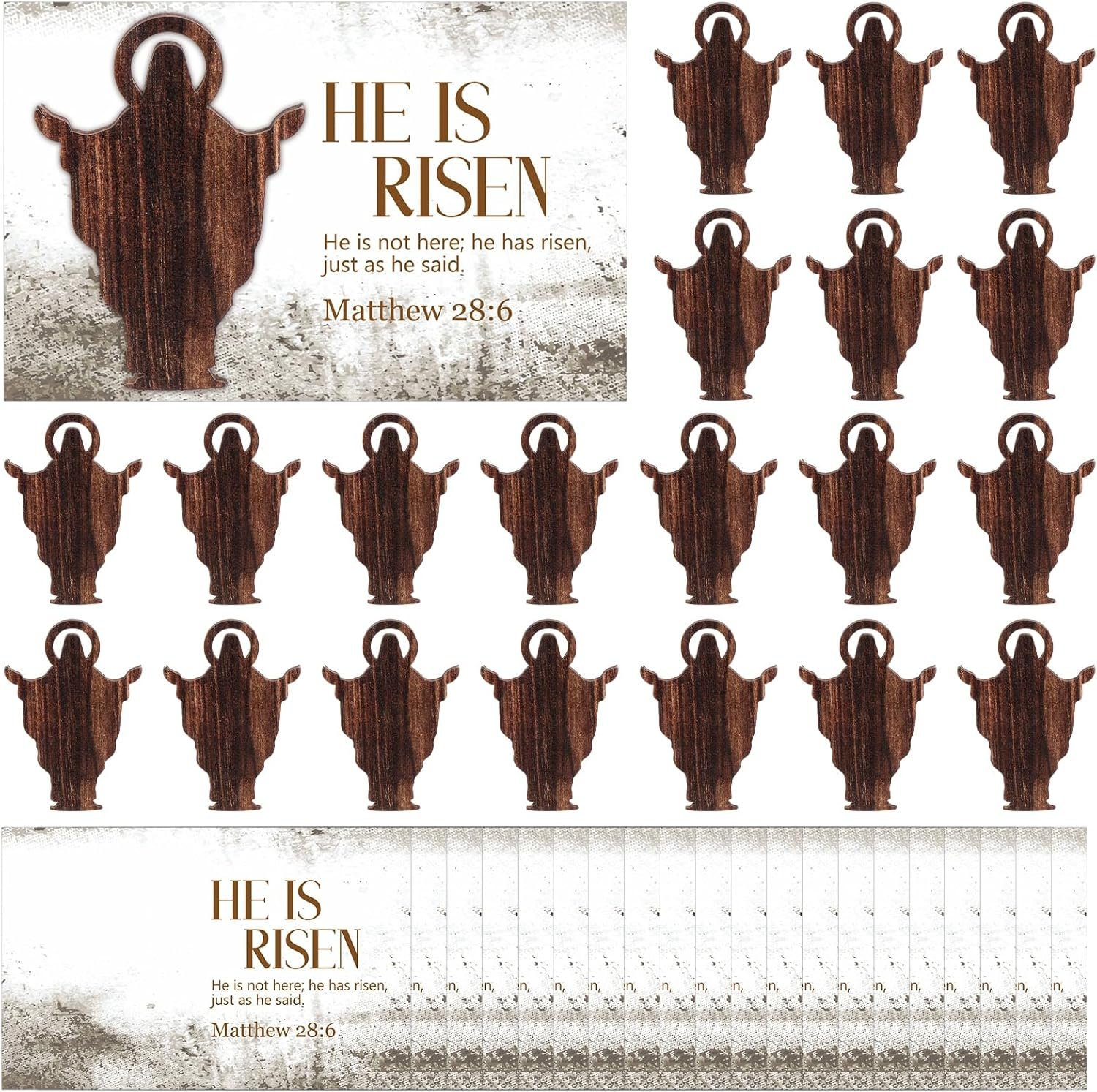 20 Sets Easter Religious Greeting Card Bulk Christian He is Risen Religious Scripture Vintage Wooden Jesus Cutout for Catholics Easter Party Favor Church Activity Supplies