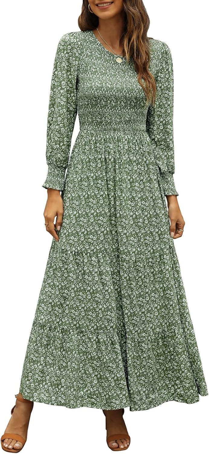Annebouti Women’s 2026 Spring Casual Long Sleeve Maxi Dress Boho Floral Smocked A-Line Modest Wedding Guest Long Dresses