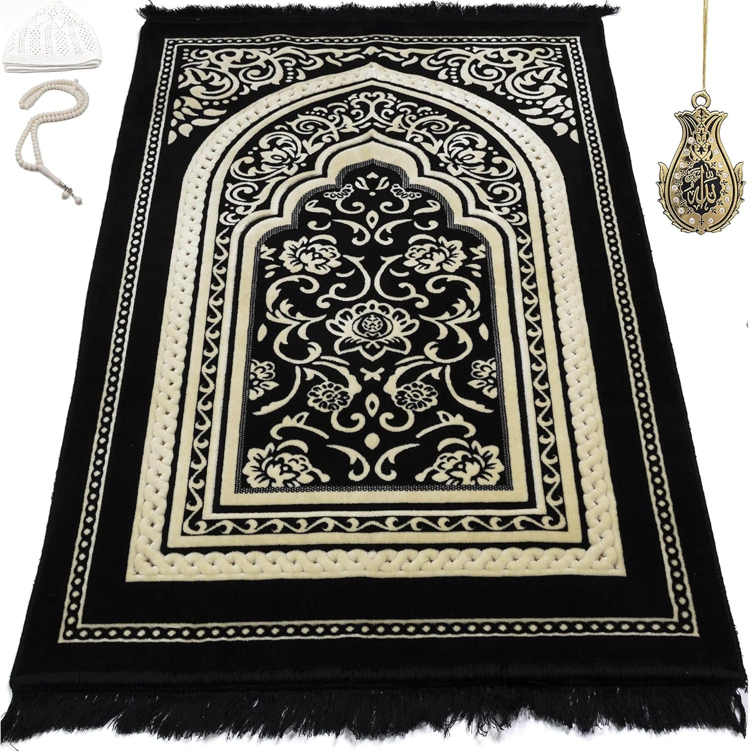 Modefa Turkish Islamic Velvet Prayer Rug – Thick Wide Soft Prayer Carpet – Men & Women – Large Prayer Mat – Eid & Ramadan Gift – with Kufi Cap Beads & Car Hanger – Double Plush Floral Black