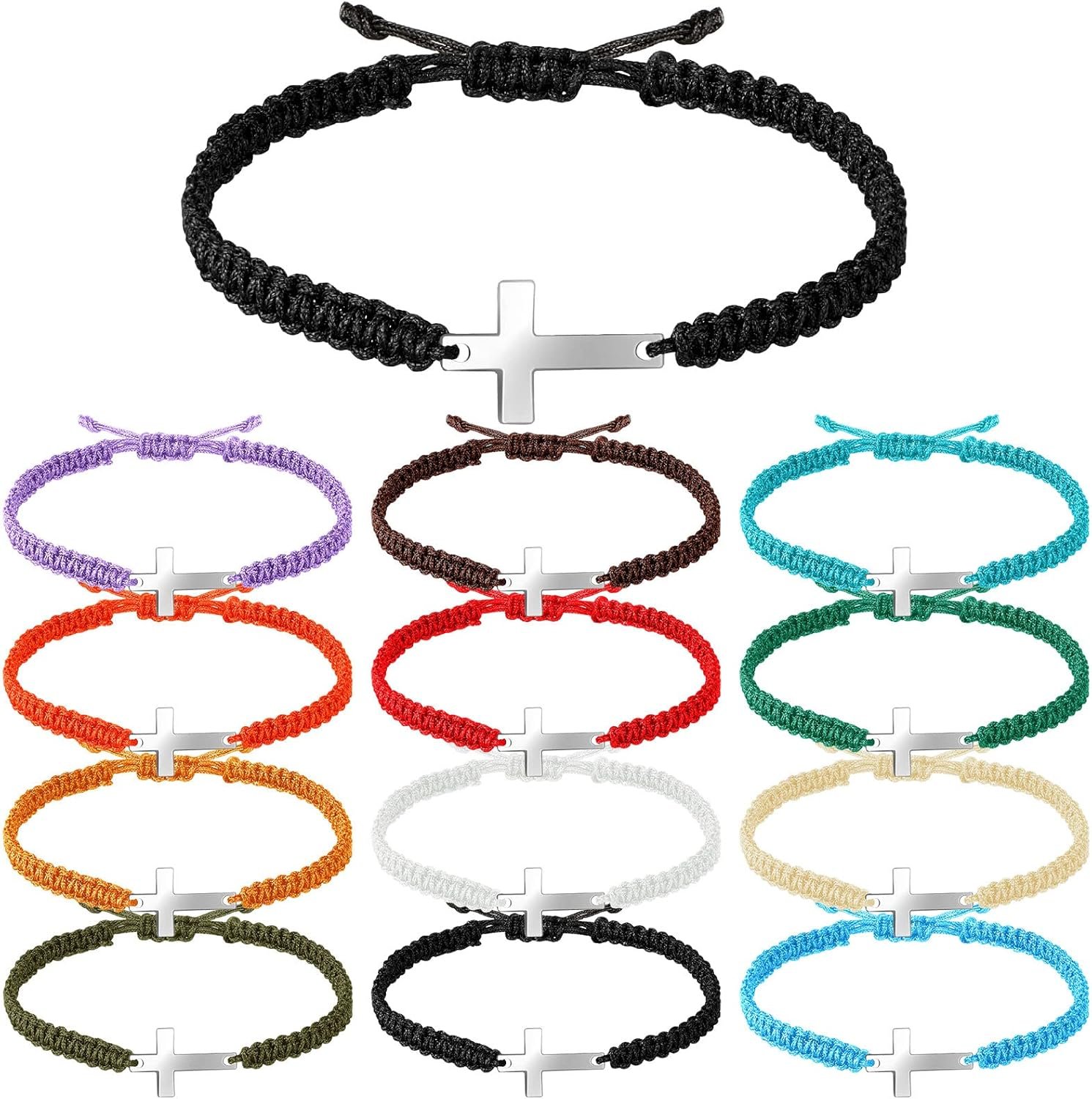 Jadive 12 Pcs Cross Bracelets Bulk for Women Men Jesus Christian Handmade Adjustable String Nylon Rope Braided Matching Bracelet for First Communion BFF Lucky Gifts