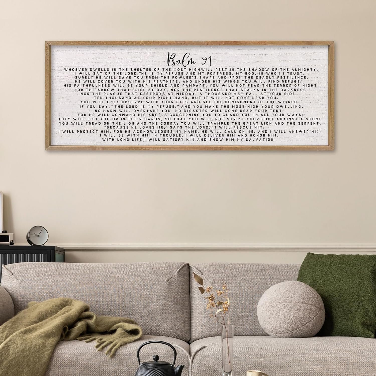 comurdyo Bible Verse Psalm 91 Wall Art Decor 32″X12″ Christian Catholic Prayer Sign for Modern Simple Family Large Farmhouse Living Room Wood Framed Wall Horizontal Hanging Decor (Wood)