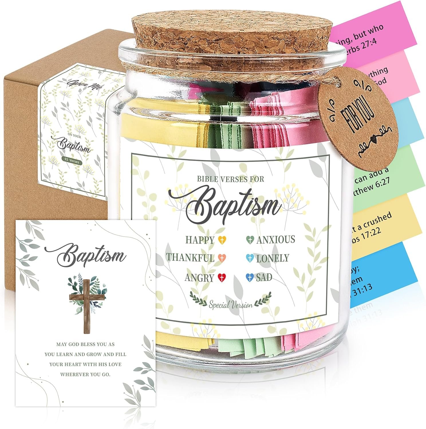 Baptism Gift Bible Verse Jar–92 Scripture Cards in Read Me When Jar, Unique Christening Gifts, Christian Keepsake Religious Gifts for Baby Dedication, Girls, Boys, Women
