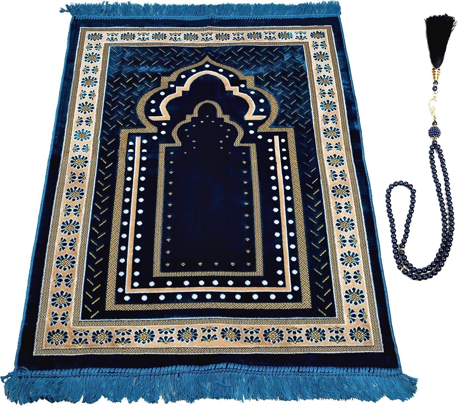 Prayer Mat Rug for Muslim Men, Women or Kids, Portable Praying Mat and Prayer Beads Sets for Islamic Gifts – Muslim Prayer Rug For Ramadan, Umrah, Hajj – Turkish Rug for Meditation and Worship (BLUE)