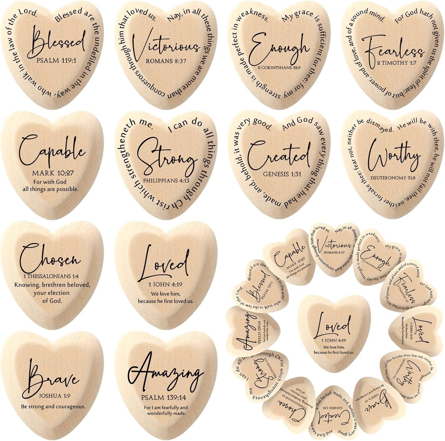 Geelin Christian Gift Religious Wooden Heart Tokens with Inspirational Bible Verses Pocket Hug for Father’s Day Dad Women Men Friends Church Scripture Party Favor(Natural‌,36 Pcs)