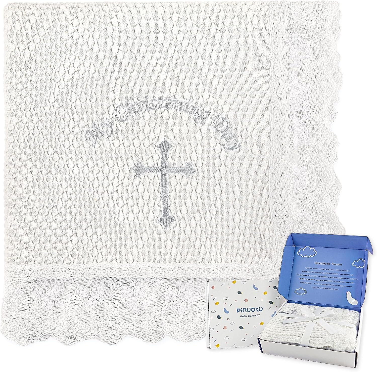 Baby Baptism Blanket – 100% Cotton Knit Christening Blanket with Lace Trim & Embroidered Cross, 40″x40″ Soft White Receiving Blanket with Gift Box for Boys Girls Newborn