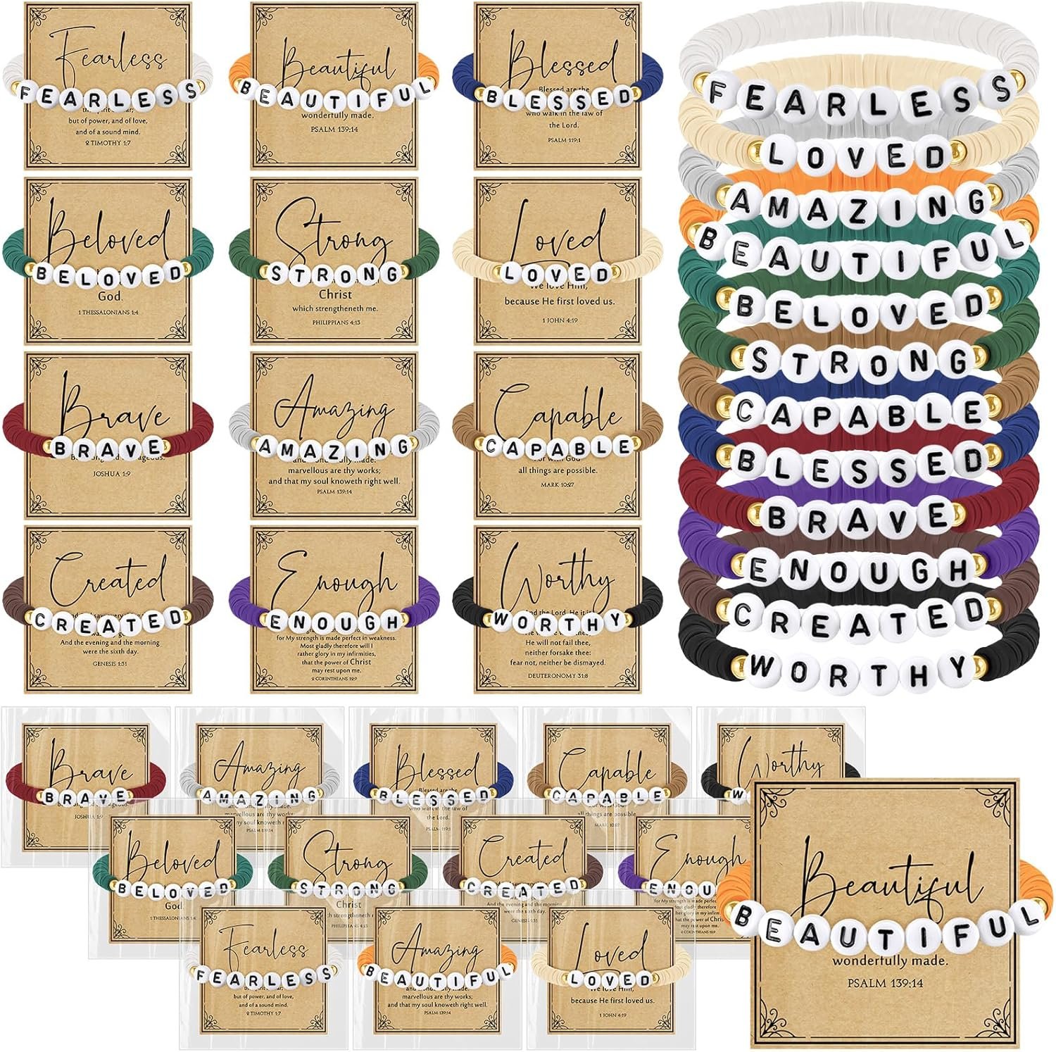 Kenning 24 Set Mothers Day Christian Bracelet for Women Employee Appreciation Gift Teacher Nurse Coworker Bible Beaded Bracelet with Religious Prayer Card Faith Inspirational Church Gift
