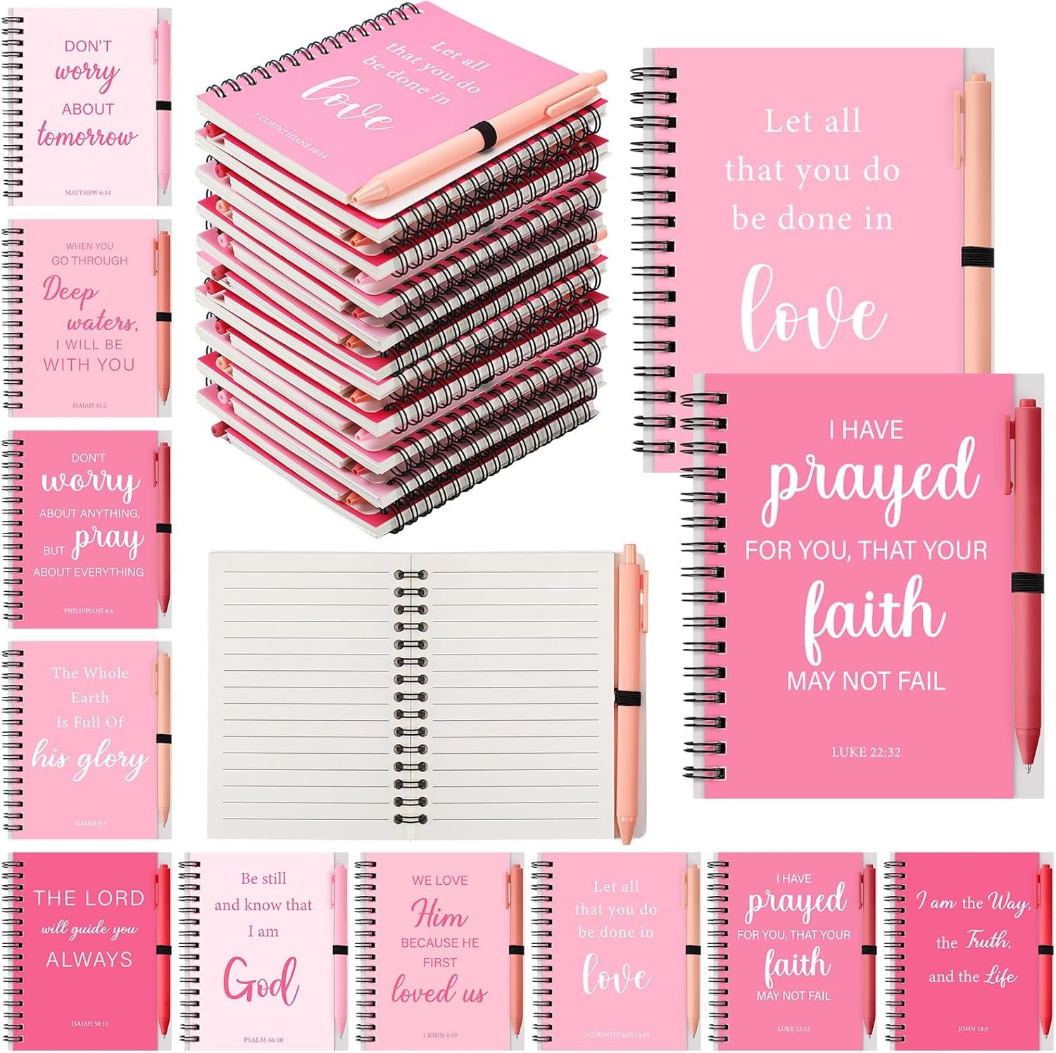 10 sets Pink Christian Gift Bulk Inspirational Prayer Journal Bible Spiral Notebook and Ballpoint Pen Religious Scripture Notepad for Women Teacher Church Gift Pink Party Favor