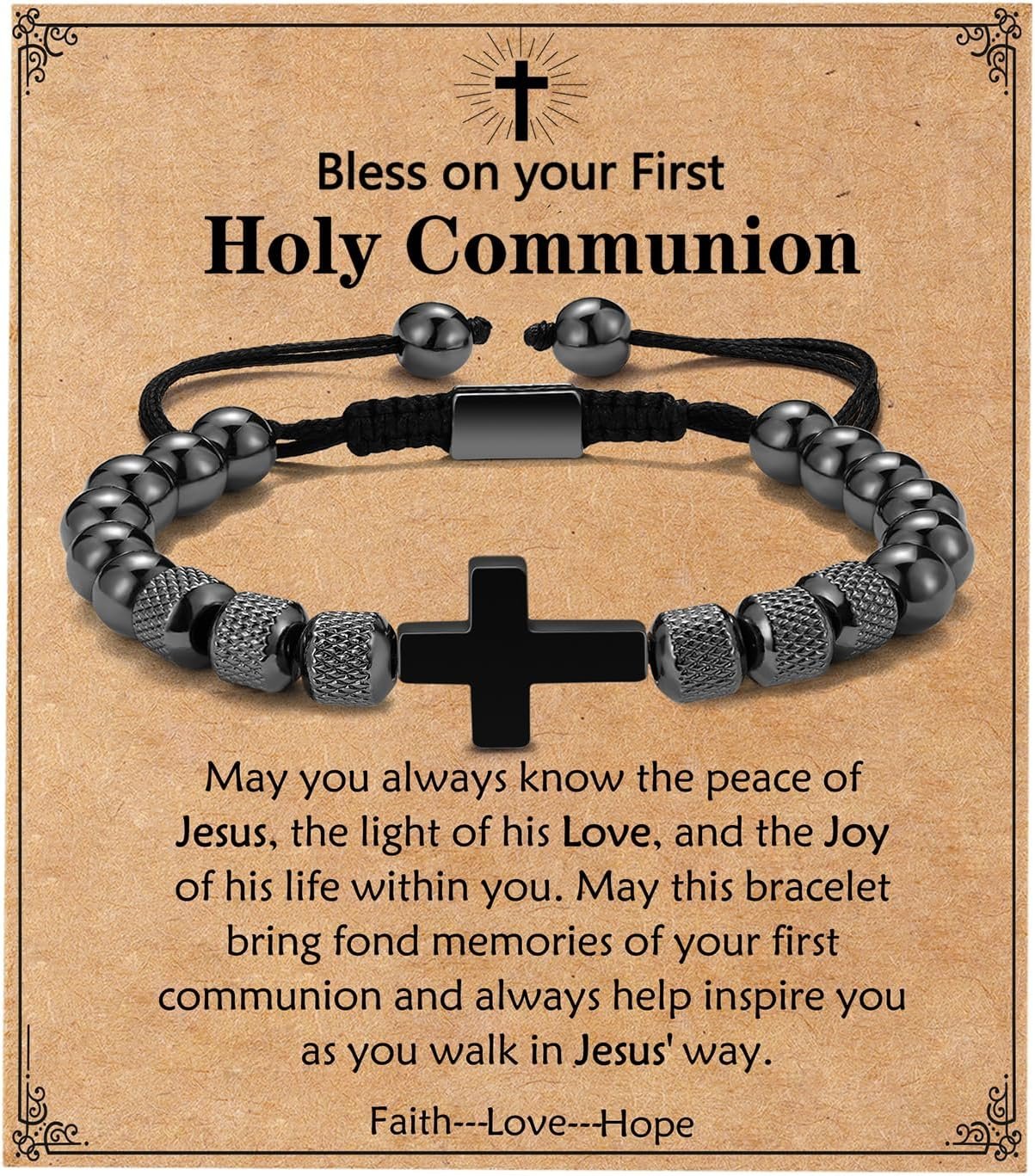 First Communion Confirmation Baptism Gifts for Boys- Cross Bracelet Adjustable Obsidian Beads Bracelets Christian Religious Jewelry Gifts for Teen Teenage Boys