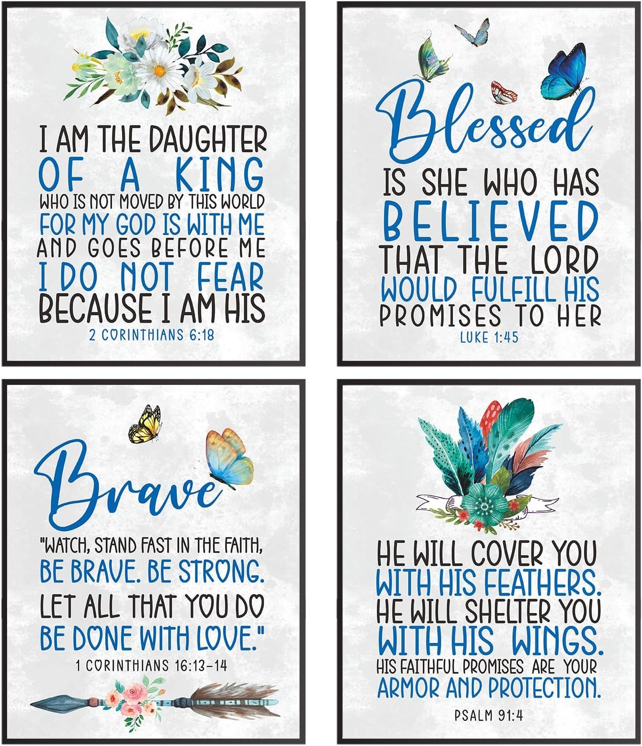Bible Verse Wall Art, Motivational Christian Print, Religious Wall Decor, Scripture Wall Decor for Bedroom, Blue Room Decor Set Of 4 8×10 Inspirational Quote Poster, Daughter Gifts, Gift for Women