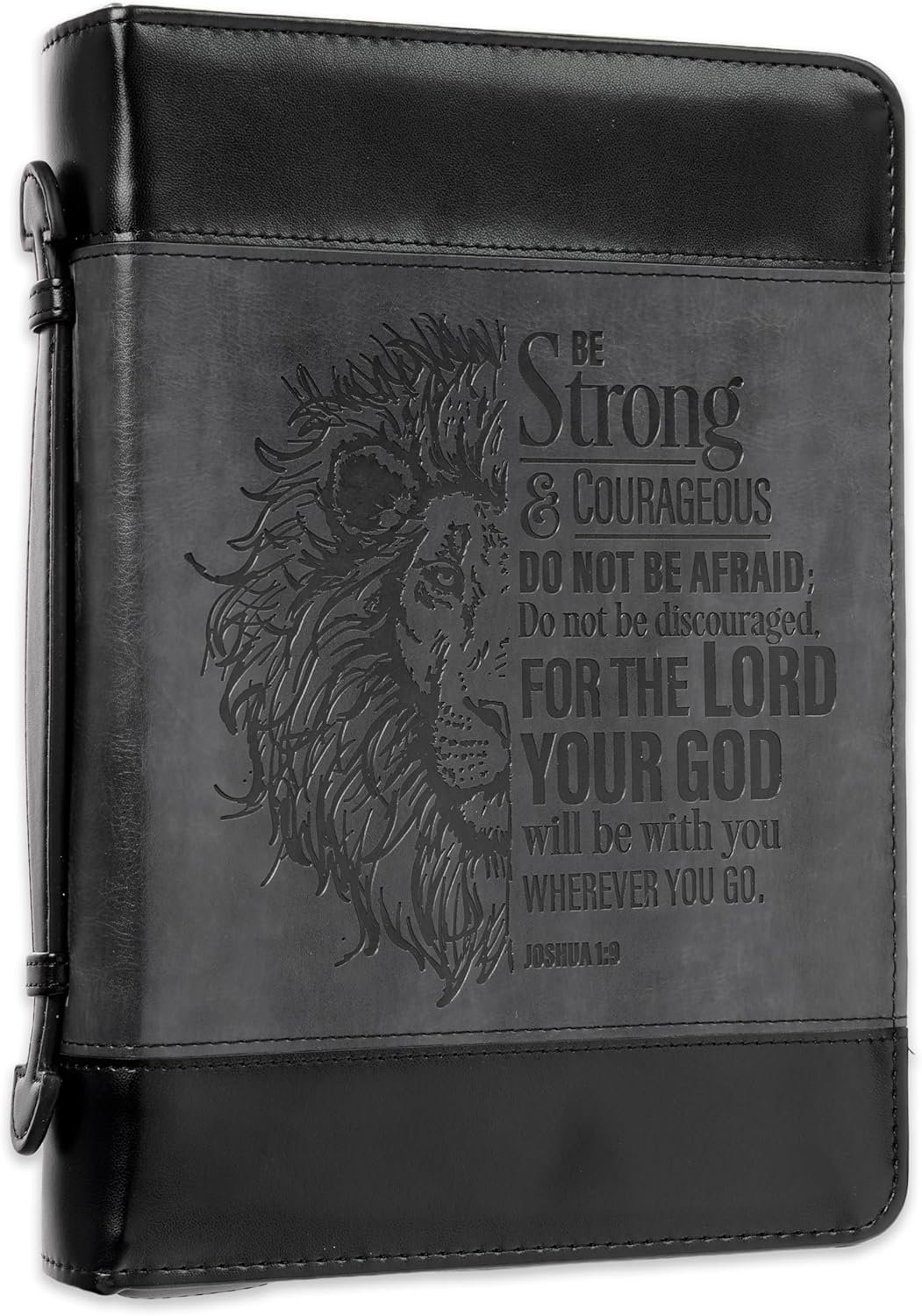 Christian Art Gifts Classic Faux Leather Bible Cover for Men and Women: Be Strong and Courageous – Joshua 1:9 Inspirational Bible Verse with Lion, Gray and Black, Medium