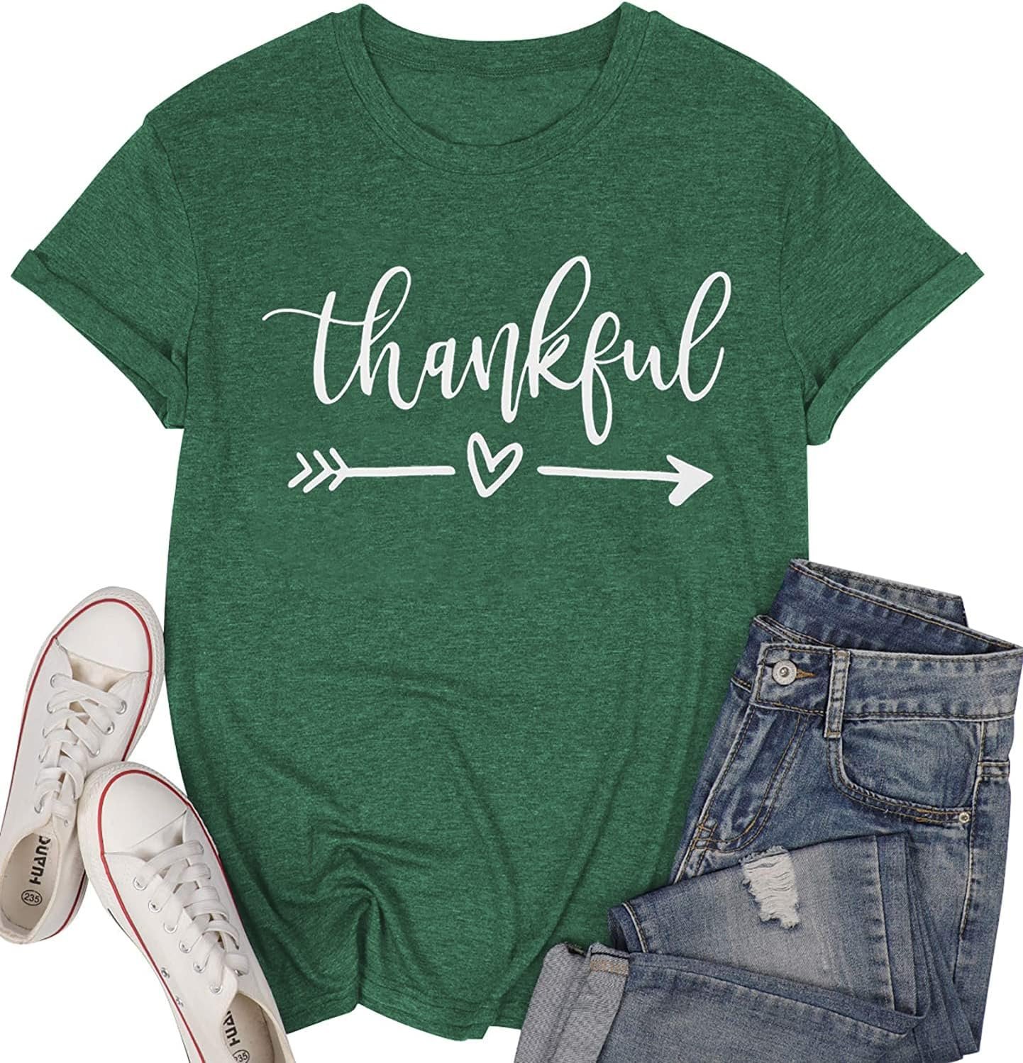 NIUBIA Women’s T Shirts Summer Tops Simple Heart Graphic Shirts Sayings Short Sleeve Vacation Casual Blouse Thankful Tee