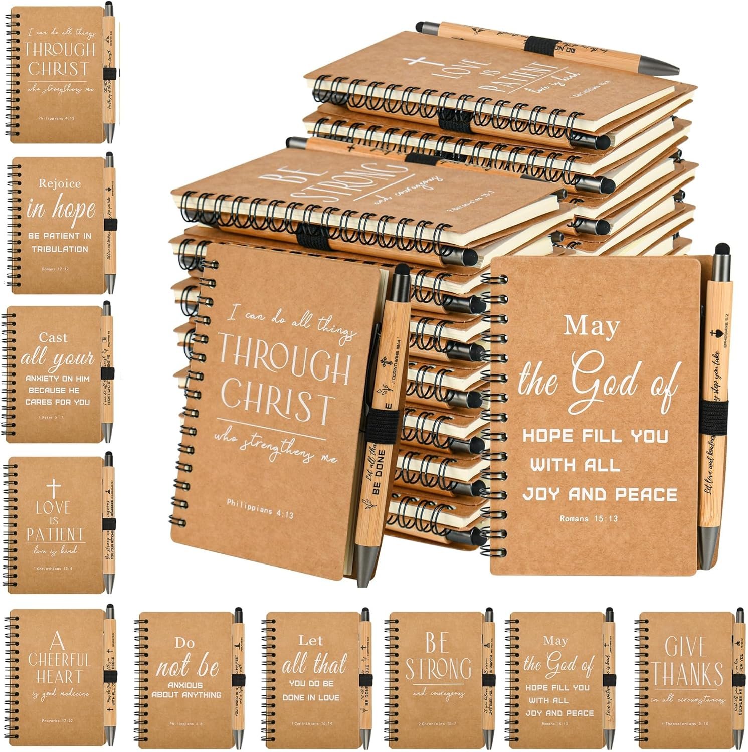 INSADA Christian Prayer Journal Spiral Notebooks Bulk with Pens – Small Lined Notepads (4.13”x5.43”) – Father Day Gifts for Women,Church Members & Bible Study Groups (30 sets Brown)