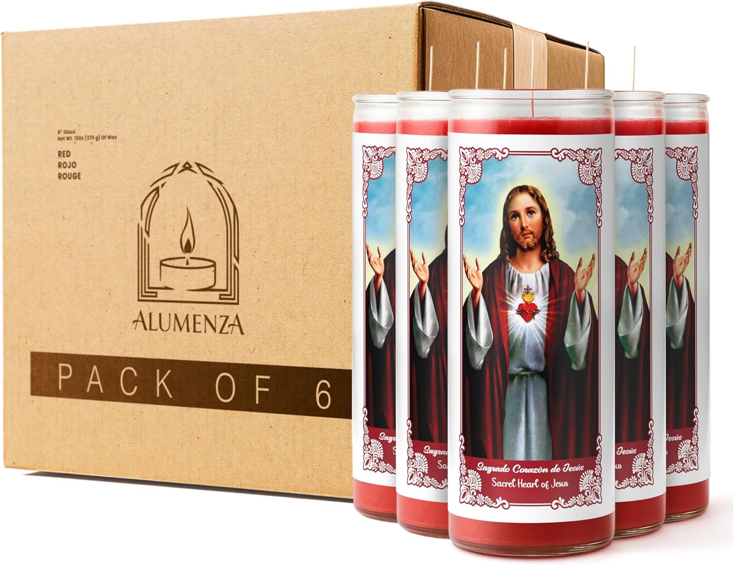 6 Pack Sagrado Corazón de Jesús Candle in Glass Jar 90 Hours – Paraffin Wax, Clean Burning Unscented | Large & Tall Devotional Prayer Pillar Candles for Home, Memorial, Rituals
