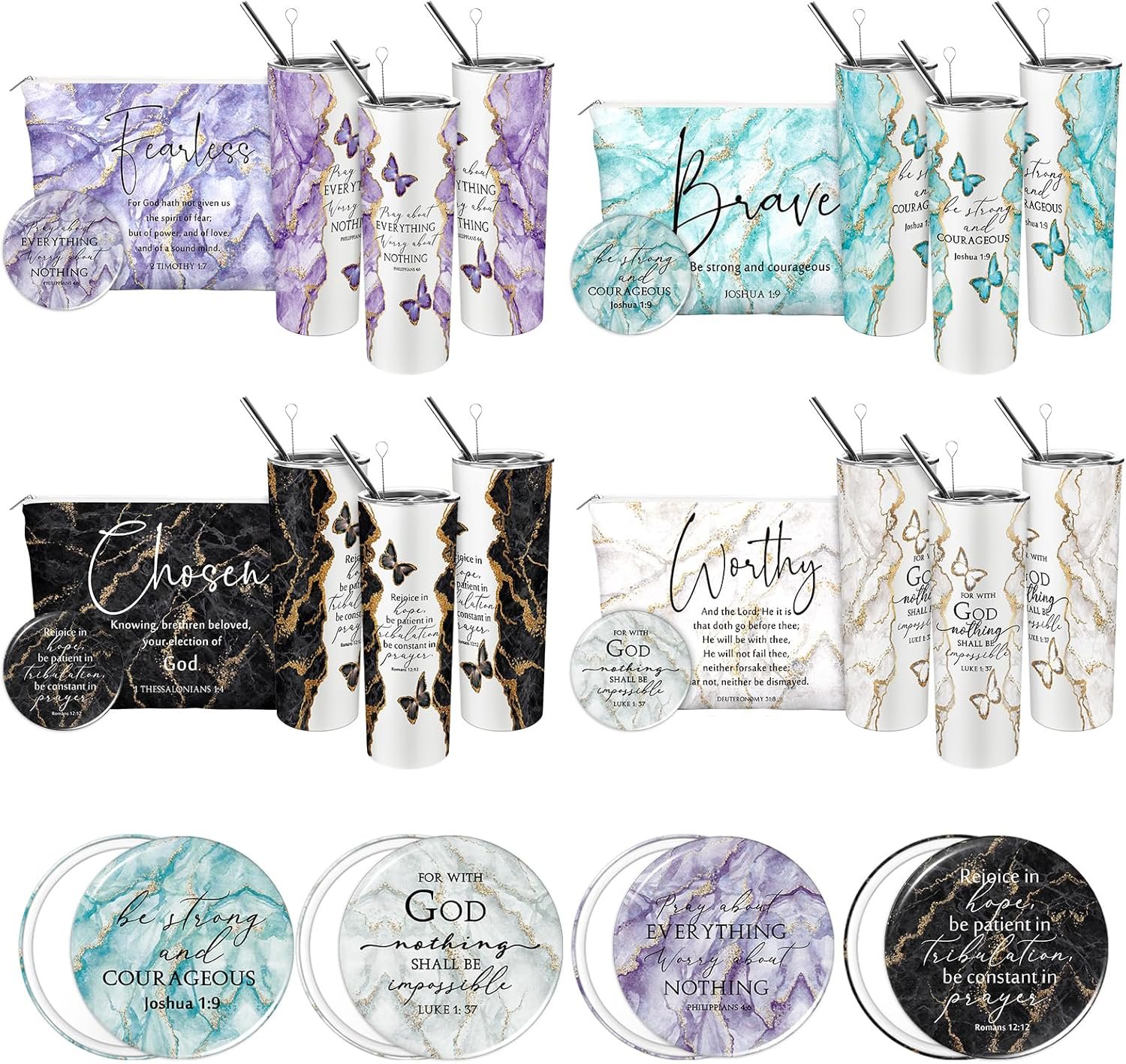 Geiserailie 12 Pcs Christian Gifts for Mother’s Day, Teacher Appreciation Week, 20oz Marble Tumbler, Makeup Bag, Mirrors, Inspirational Bible Verse Set for Women, Teacher, Church (Elegant Color)