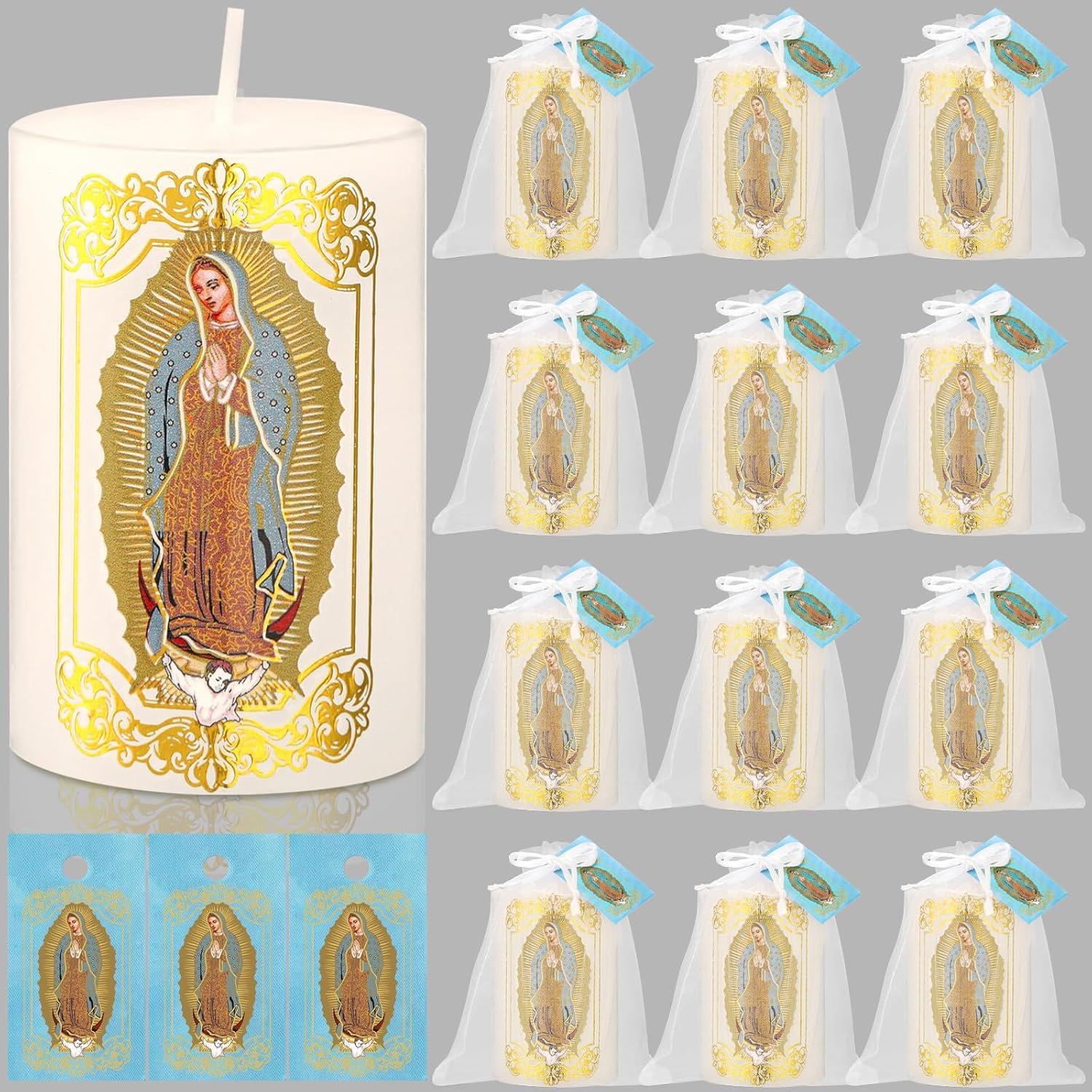 12 Set Virgen De Guadalupe Candle Virgin Mary 3″ Mini Cirio Religiosos Catolico Easter Religious Baptism Favor Primera Comunion Paschal Candle Prayer Catholic Christ Jesus Bautizo Recuerdos