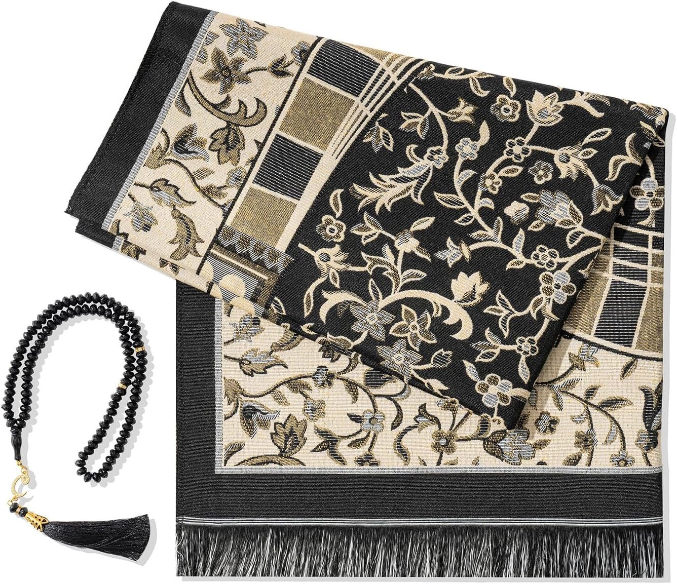 Muslim Prayer Rug with Islam Prayer Beads – Travel Prayer Mat, Islamic Gifts for Women, Portable Prayer Matt Islam, Islamic Prayer Rug Islam Men Women, Praying Mat for Muslim Gifts, Black