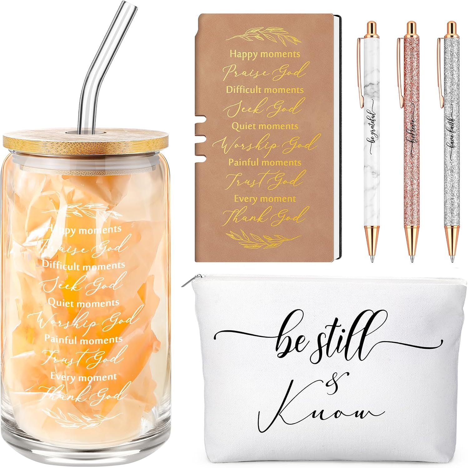 Spakon 6 Pcs Mother’s Day Christian Gifts for Women Bible Verse A6 Leather Journal Notebook 16 oz Glass Cup Glitter Ballpoint Pen Makeup Bag Inspirational Gifts for Church Valentines(Brown)