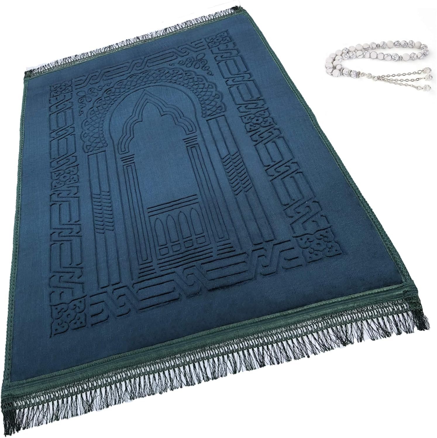 Prayer Rug Muslim Mat Islamic – Thick Large Padded Sajadah for Kids Men Women with Islam Prayer Beads for Eid Travel Ramadan, Soft Luxury Great for Knees and Forehead(Green)