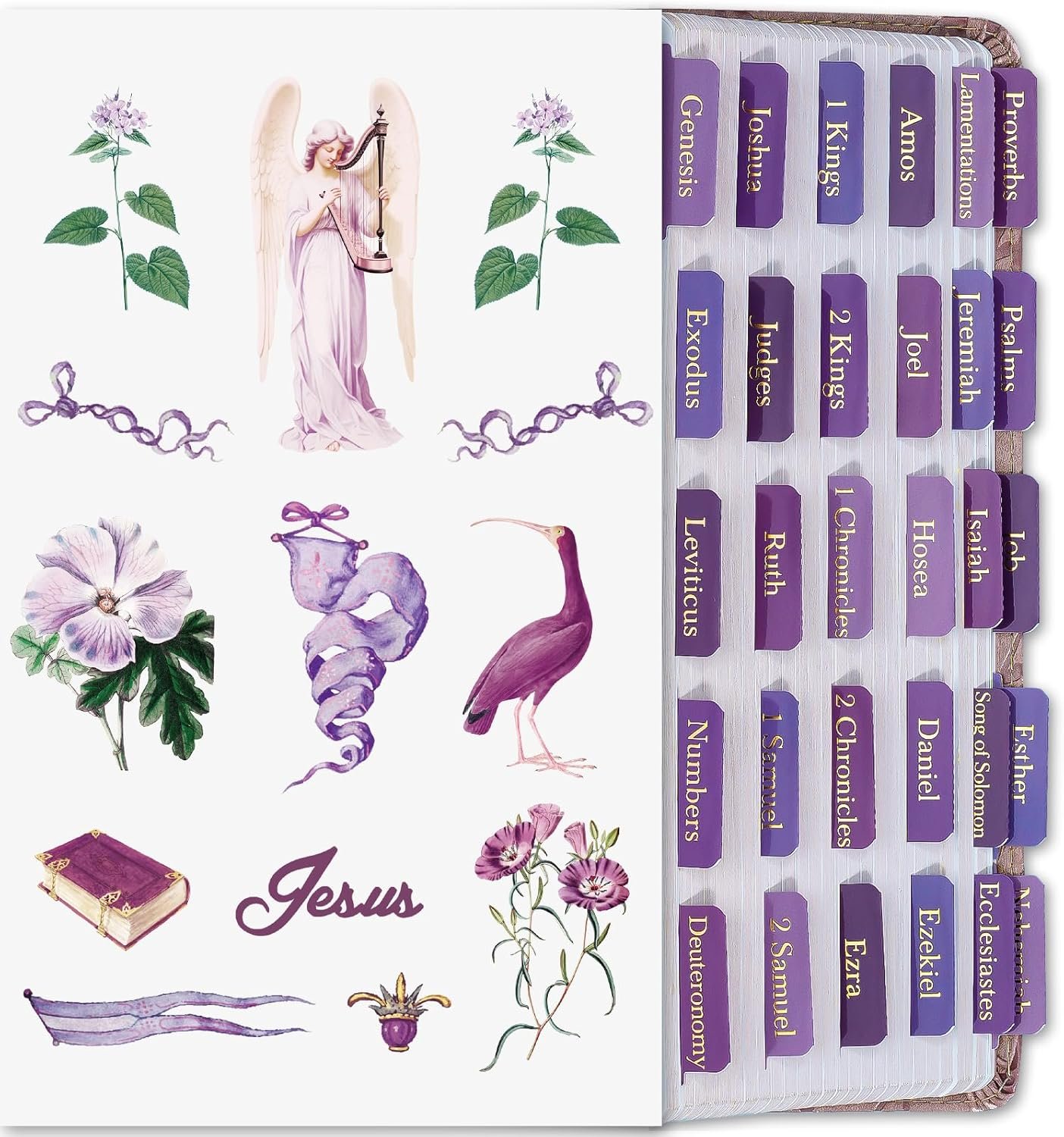 XKDOUS Purple Bible Tabs with Stickers, Laminated Gold Foil Large Print Bible Tabs for Women Men, 66 Bible Book Tabs for Old and New Testament, 9 Blank Tabs for Study Bible (Hyacinth Purple)