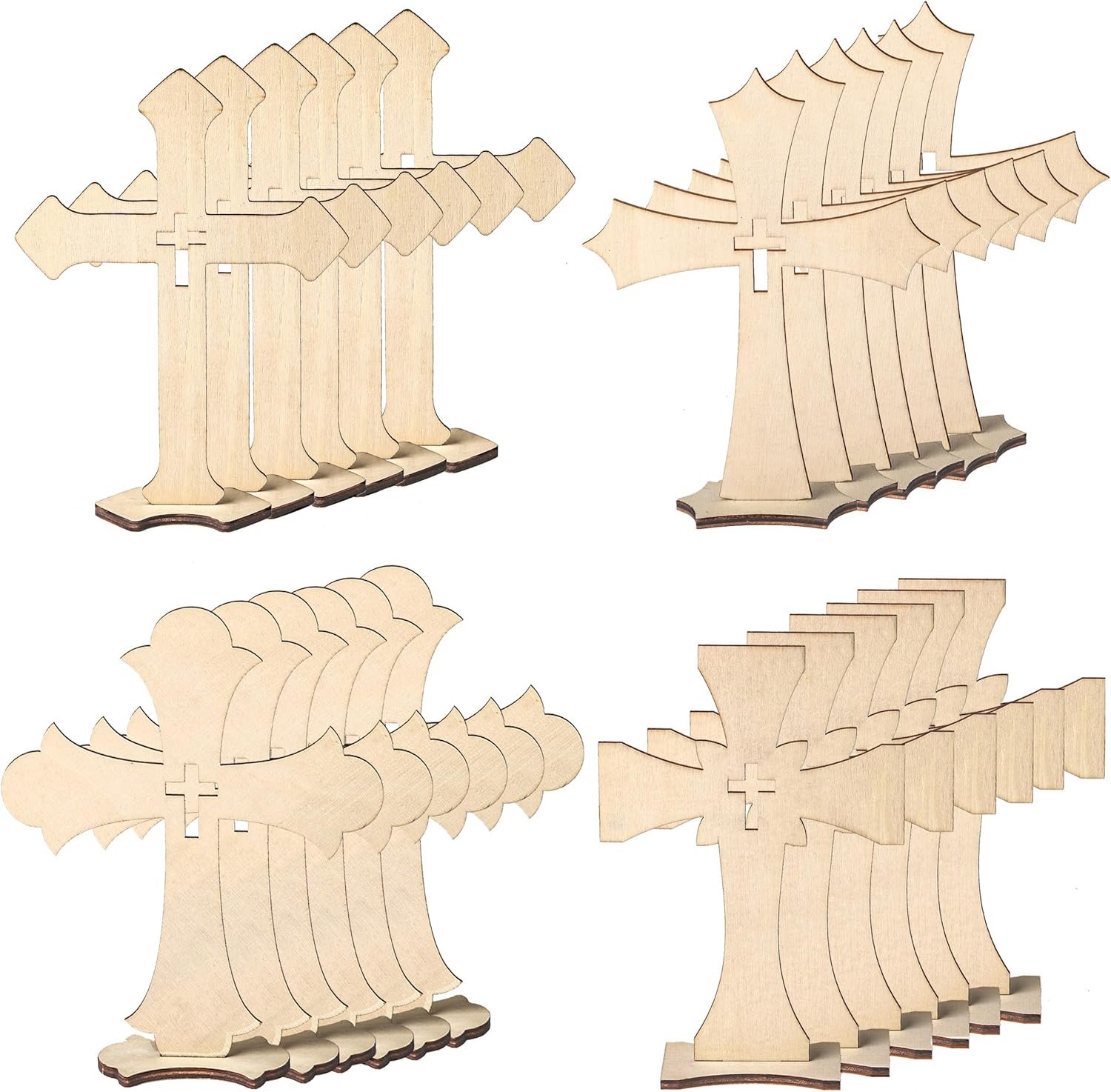 24 Pcs Wooden Crosses for Crafts 4 Styles Unfinished Catholic Wooden Crosses Bulk with Stands Cross centerpieces for Tables Wood Standing Cross for First Communion Baptism Easter Decor