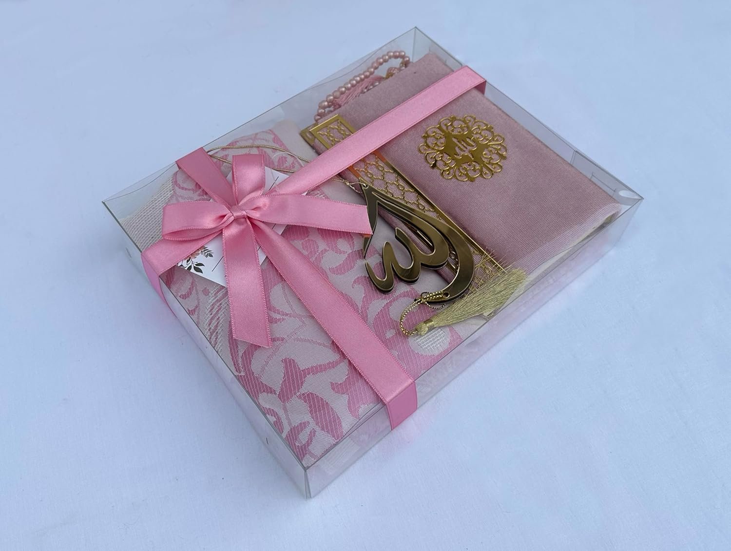 SAIKA Prayer Rug Set with Thanks Card, Full Arabic Quran Prayer Rug, Beads and Car Hanger Set,Ramadan Eid Wedding Birthday Graduation Mother’s Day (Pink)