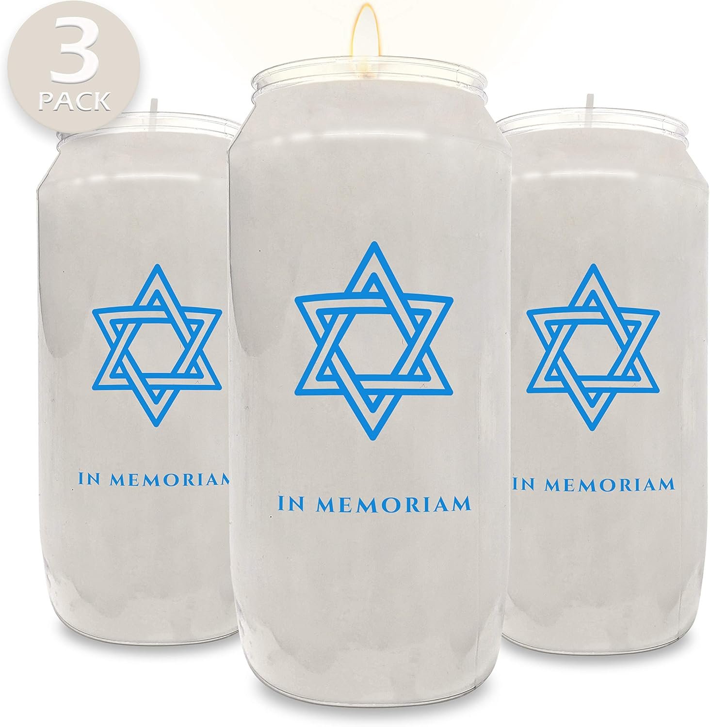 7 Day Memorial Candles, 3 Pack – Plastic Jar with Star of David – 6” Tall Pillar Candles for Religious, Prayer, Party Decor, Vigil and Emergency Use – by Ner Mitzvah