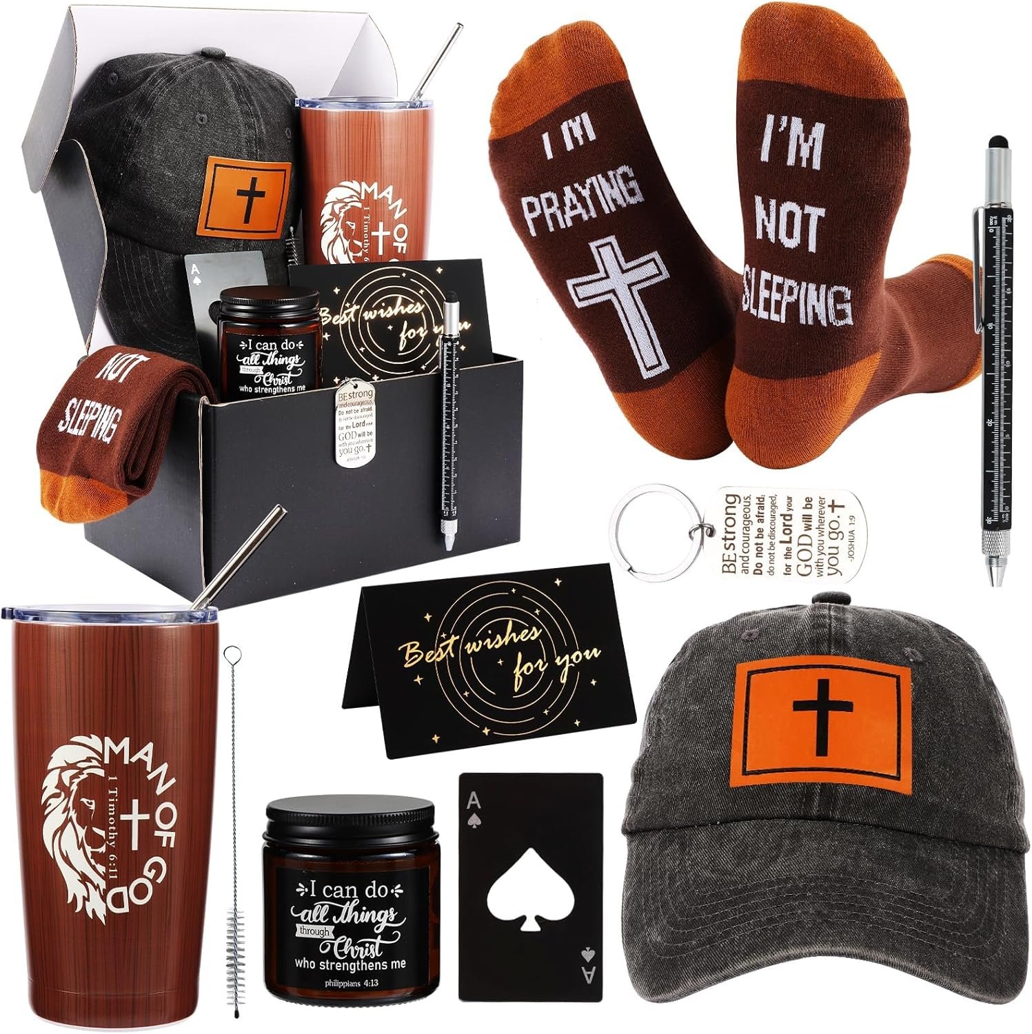 Kolewo4ever 9 Pcs Christian Gifts for Men Dad Religious Gifts for Father Spiritual Religious Catholic Gift Box for Male Friends Co-workers