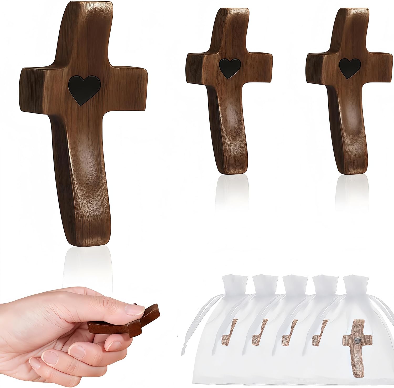 Handmade 3Pcs Pocket Wooden Cross with Organza Bags – Stress Relief Cross My Heart for Christian, Religious Easter Day Gifts