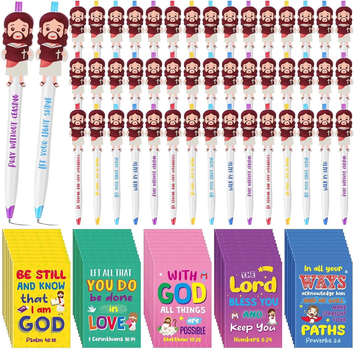 CroBlissful 50 Pcs Christian Gifts Bulk, Cute Jesus Notepads and Ballpoint Pens for First Communion, Church Welcome, Religious Bible Verse Notebook and Pen for Baptism, Back to School, VBS, Sunday