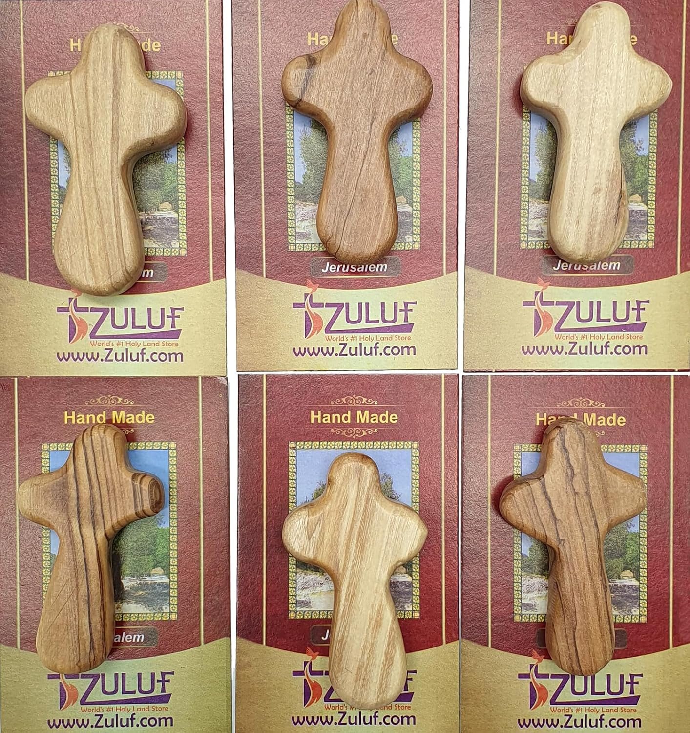 Zuluf Six Small Olive Wood Crosses The Holding Crosses From Israel | Handheld, Comforting Design for Clutching, Clinging With 6 Holy Land Certificates 6cm / 2.5 Inch Each Cross – CRS095