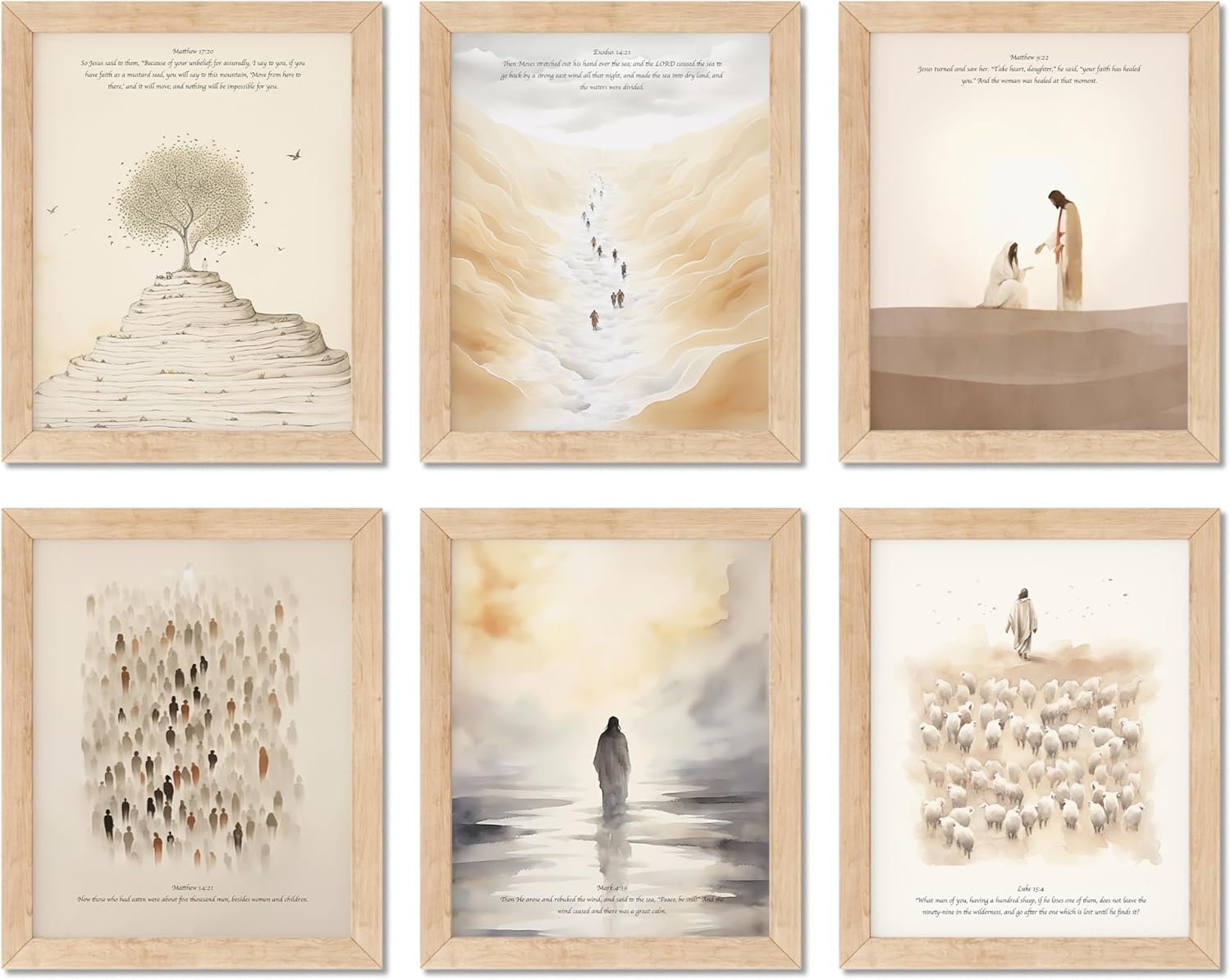 TwoDays Christian Wall Art, Bible Verses Wall Decor, Scripture Classroom Painting, Jesus Poster, Bible Story Artwork for Home. (8″ X 10″, Set of 6, UNFRAMED)