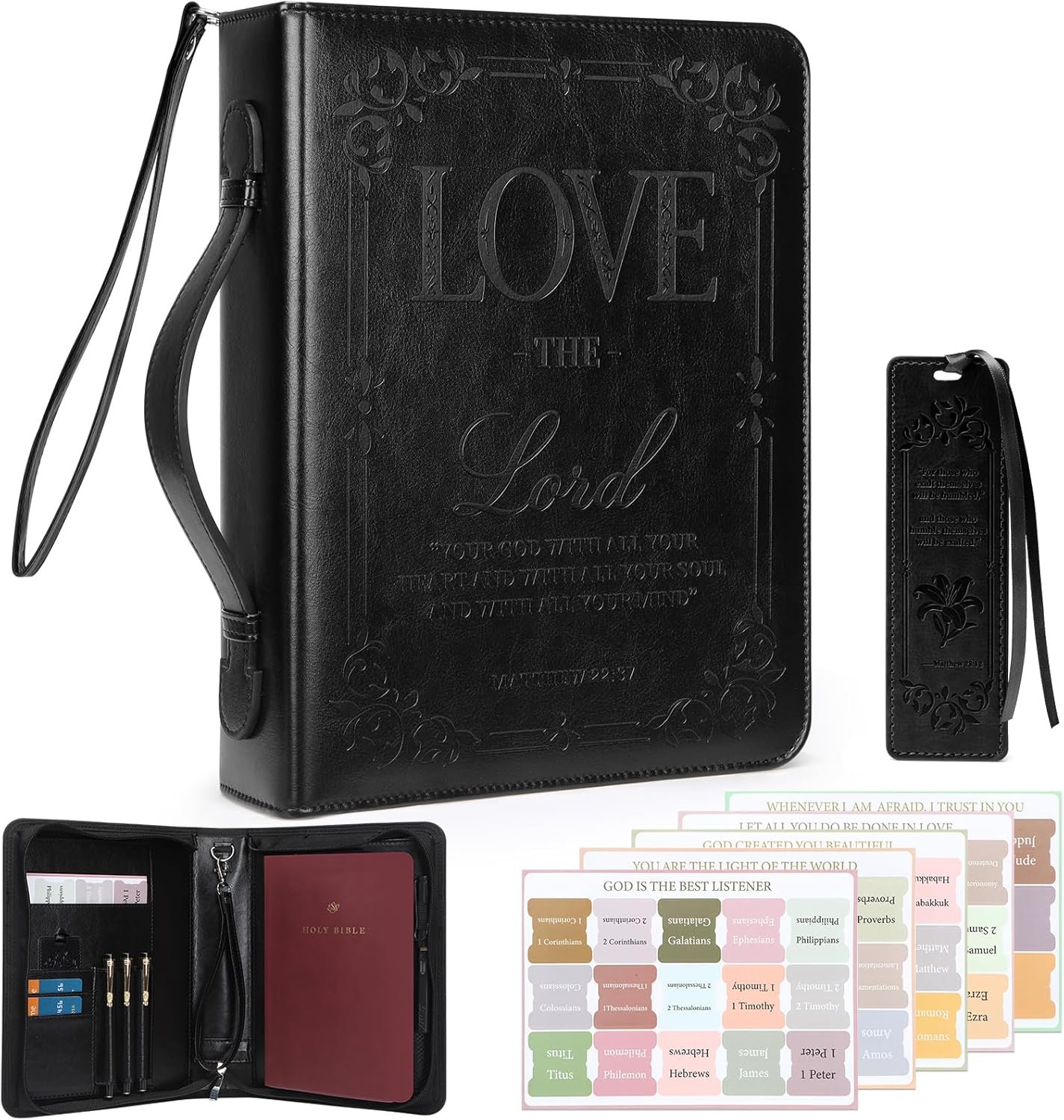 IVGHV Leather Bible Cover for Men, Premium PU Leather Bible Cover Case for Women Large, Church Bag, Carrying Book Case, Bible Book Cover with Handle&Zippered Pocket, Bible Bag for Men & Women (Black)