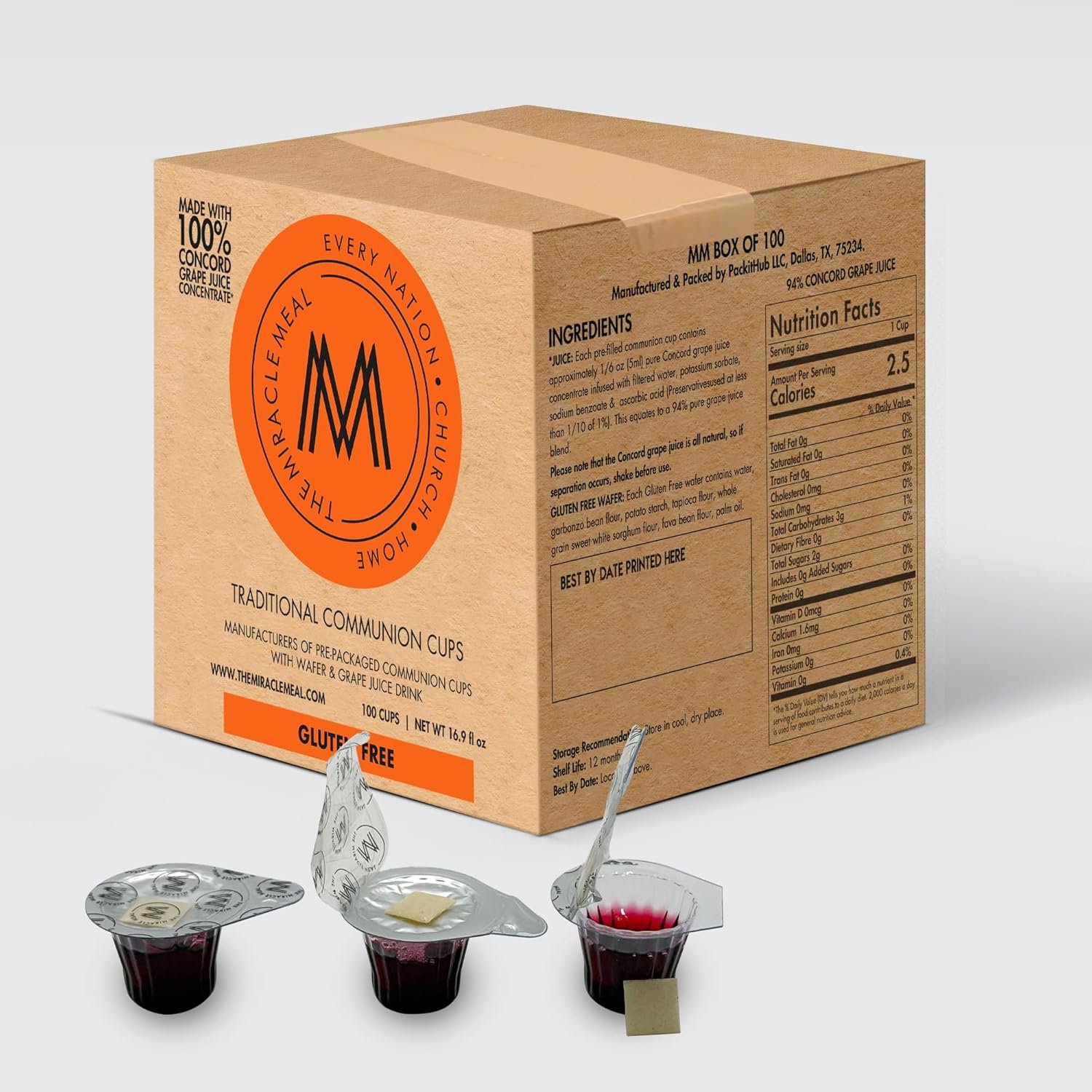The Miracle Meal Pre-filled Communion Cups and Wafer Set Gluten Free – Box of 100 – with 100% Trusted Concord Grape Juice & Gluten Free Wafer