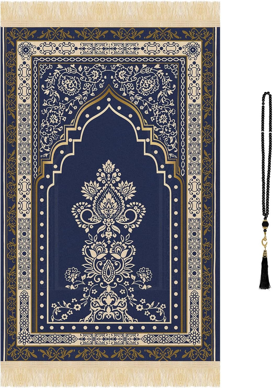 Prayer Mat Ramadan Gifts – Navy Blue Muslim Prayer Rug Islamic Black Tasbih Beads, Portable Praying Mat Carpet for Eid Salah Namaz Meditation Travel Decorations for Home