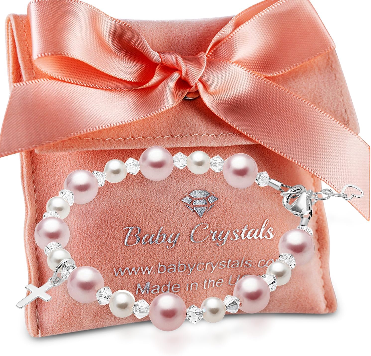 Baby Crystals Sterling Silver Cross Charm Pearl Bracelets for Girls – Baptism Gifts for Girl with Rosaline, White Simulated Pearls, First Communion, Christening, Keepsake Girls Jewelry Birthday Gift