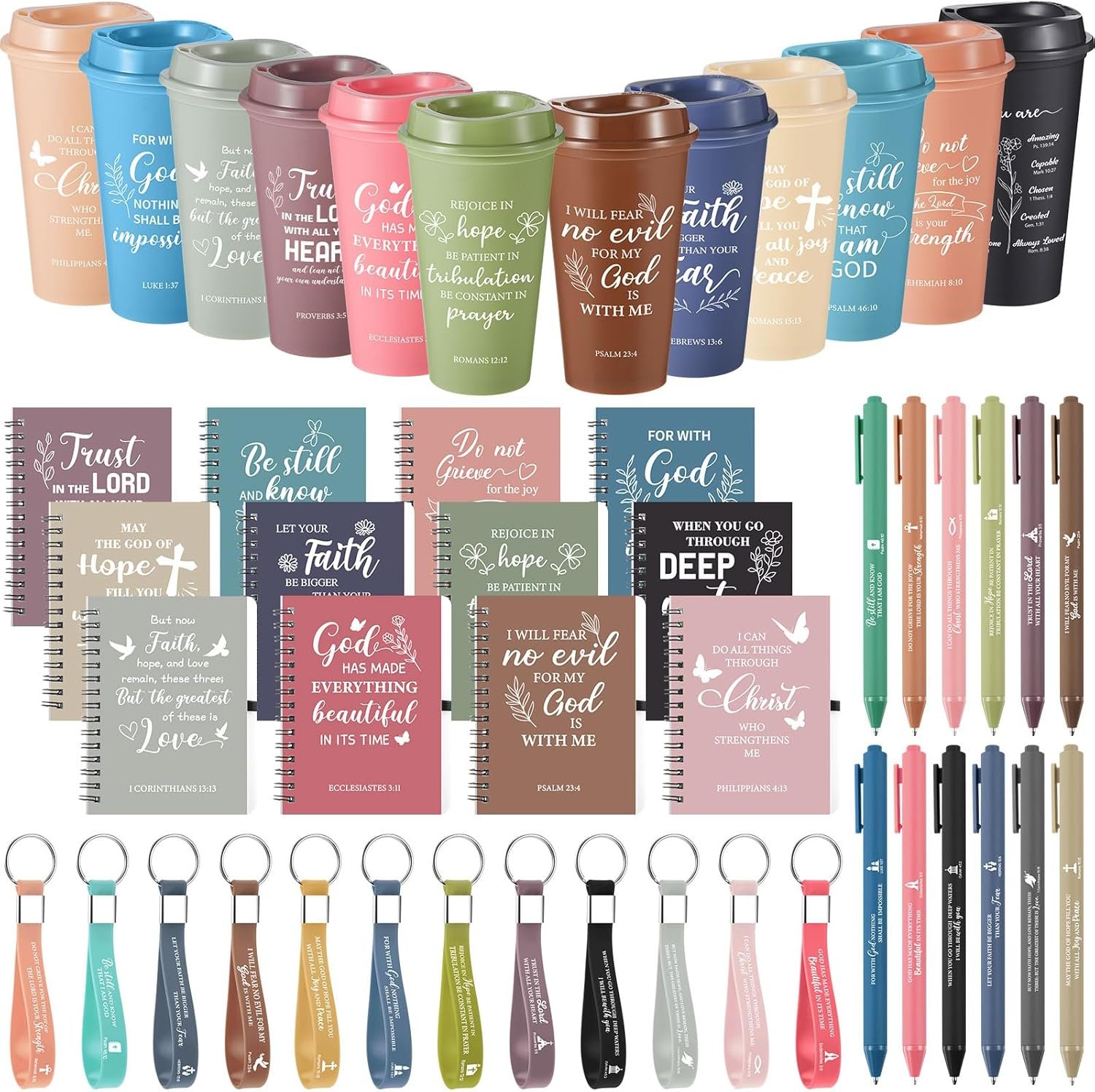 Skylety 12 Set/48 Pcs Christian Gifts for Women Men Religious Gift Set 16 oz Bible Scripture Cups with Lids Mini Spiral Notebooks Pens Keychains for Mother Father Birthday(Morandi Color)