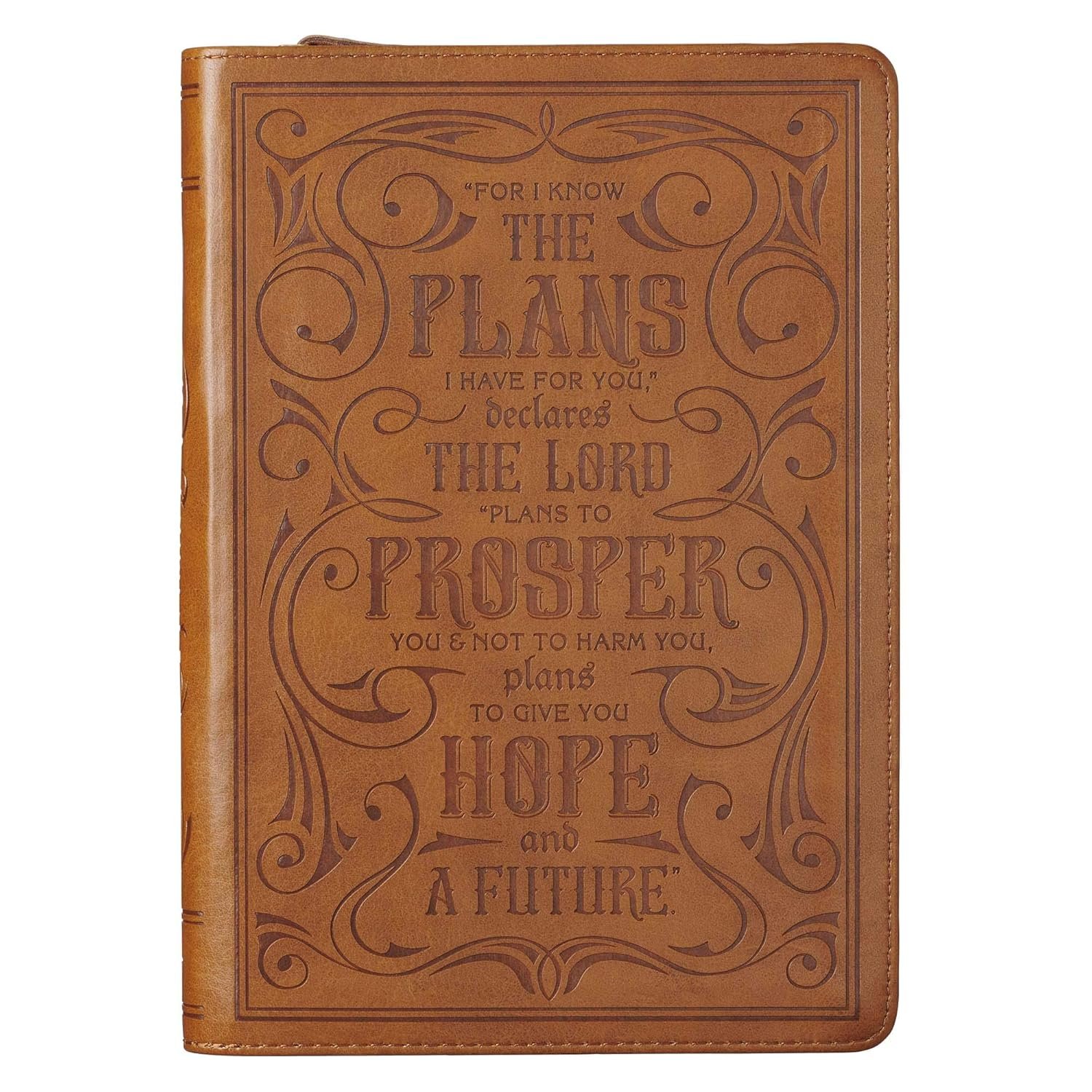 Classic Faux Leather Journal For I Know The Plans Jeremiah 29:11 Bible Verse Bible Verse Brown Inspirational Notebook, Lined Pages w/Scripture, Ribbon Marker, Zipper Closure