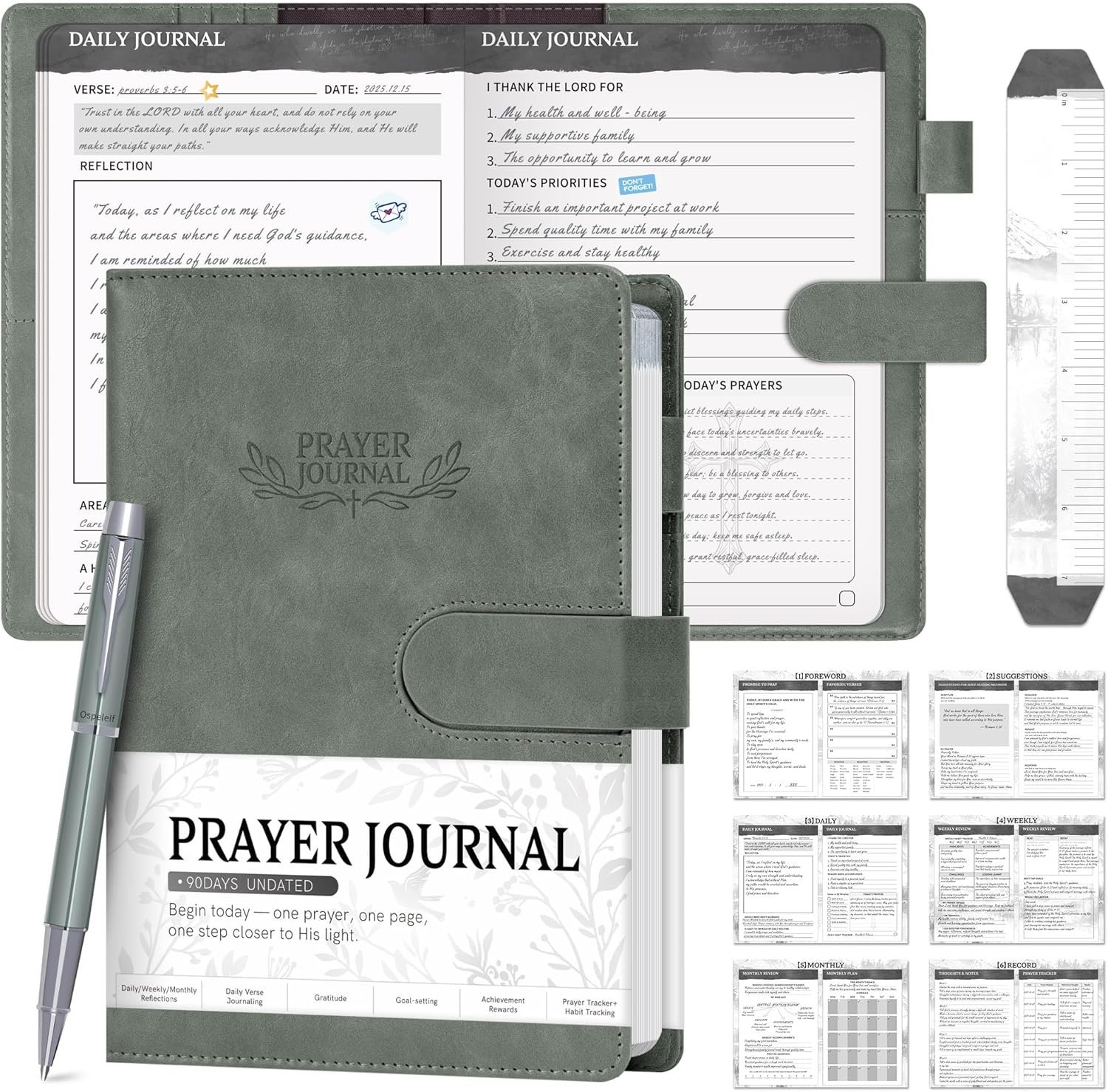 Ospelelf Green Faux Leather Prayer Journal – Christian Gift Journal for Women & Men, Daily Devotional Planner Notebook for Bible Study, Gratitude & Reflection, Undated 3-Month