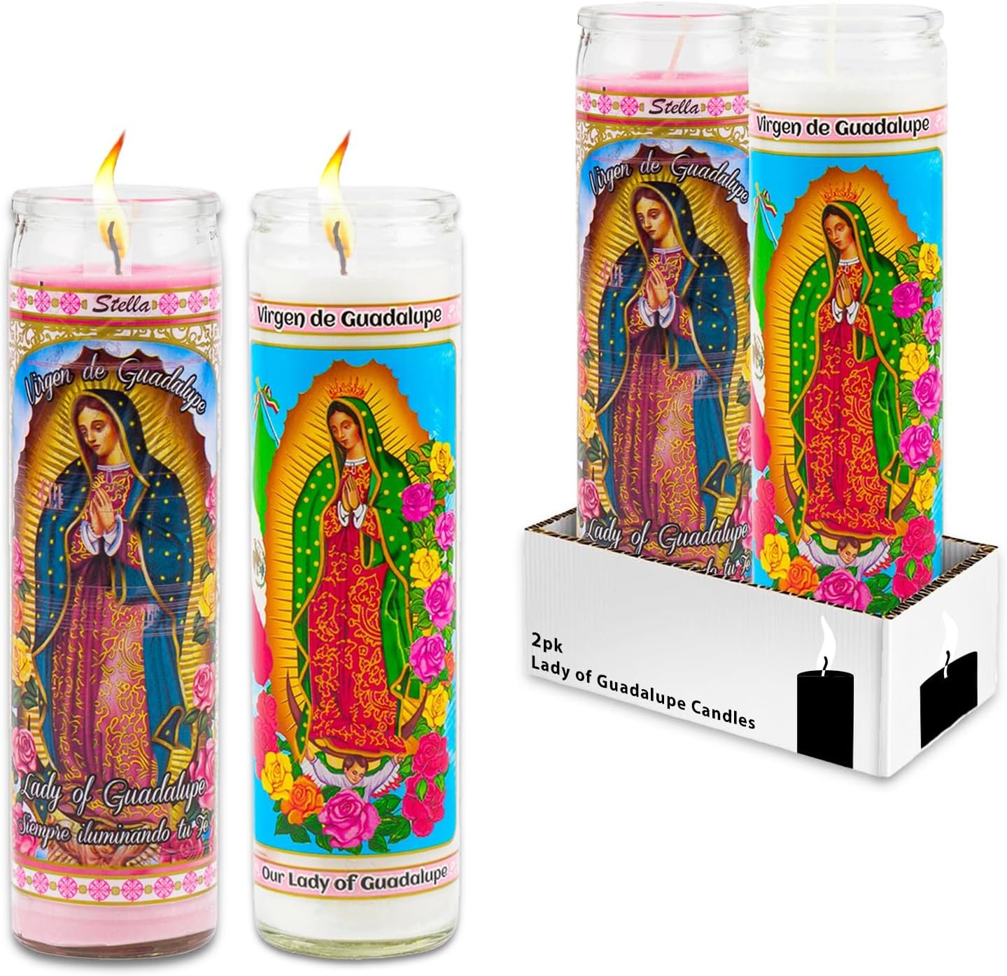 Our Lady of Guadalupe Devotional Candle 2 Pack – Bundle with 2 Lady of Guadalupe Glass Prayer Candles for Vigils, Prayers, Blessing, Religious Ceremonies | Pink and White Unscented Religious Candles