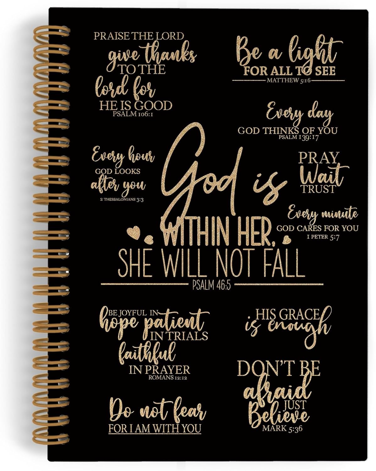 QLMX Black Gold Christian Prayer Spiral Notebook, Inspirational Religious Journal Notebook, Bible Notebooks for School Work, God Is Within Her She Will Not Fall Office Supplies Gifts, 5.5×8.3Inch