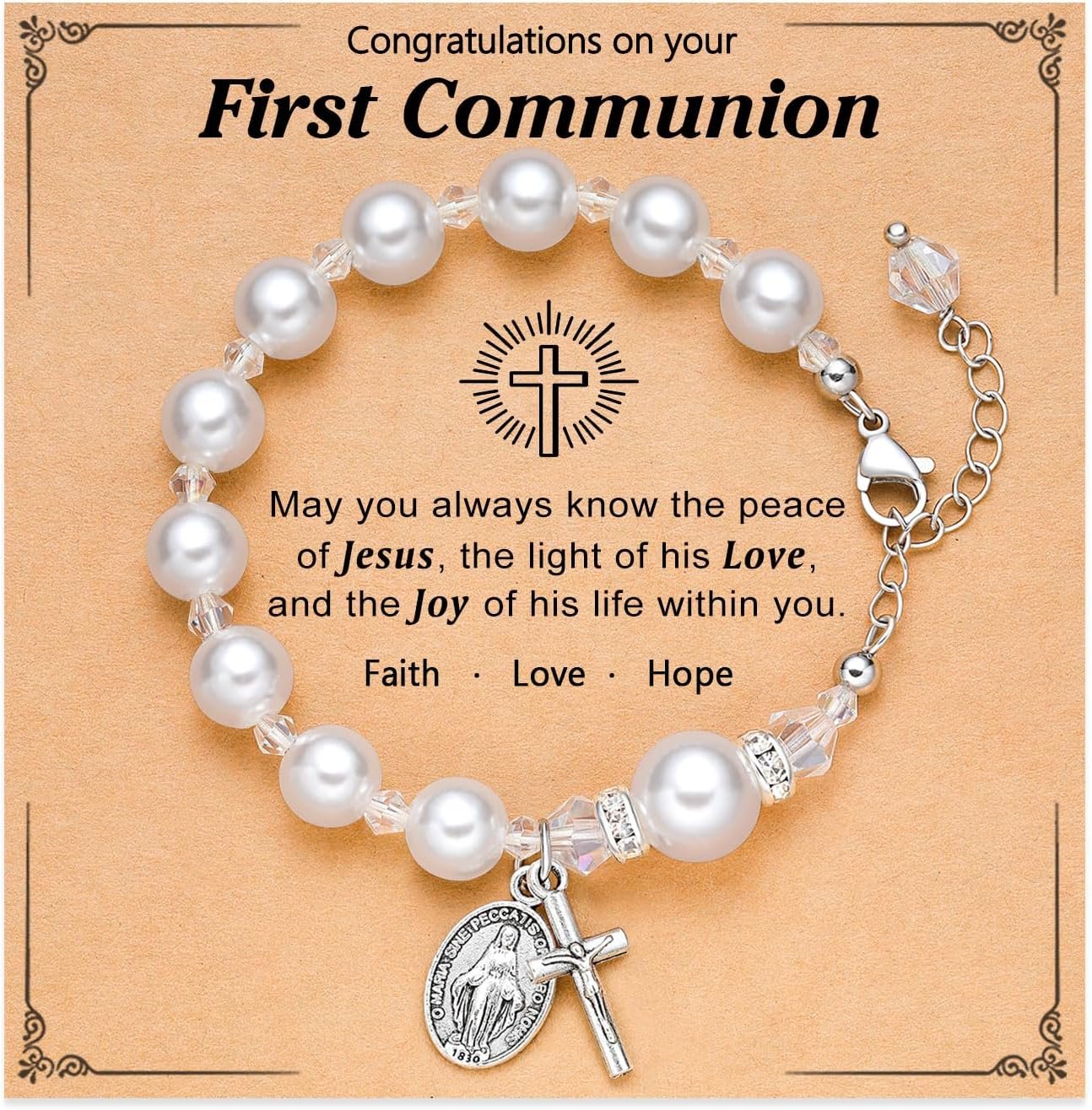 UNGENT THEM Rosary Cross Pearl Bracelet Baptism Communion Catholic Confirmation Easter Gifts for Girls Granddaughter Daughter Niece