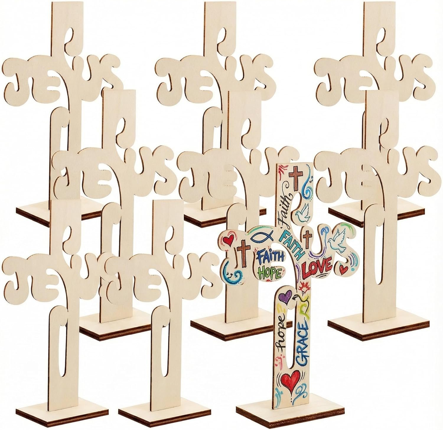 BESPORTBLE 10pcs Wooden Cross Decor, Standing Christian Statue for Easter Tabletop Desk, Small Religious Wood Decoration for Home Church Office, Decorative DIY Crosses Ornament
